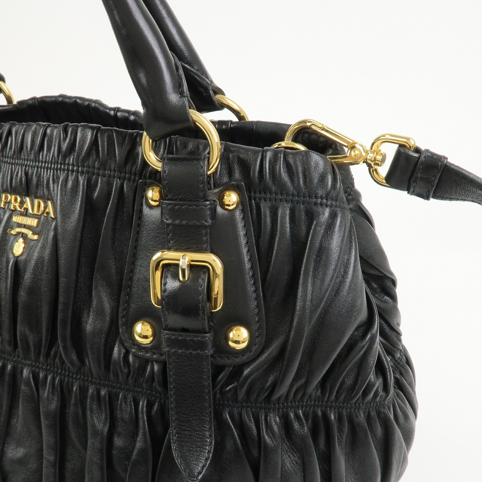 PRADA Leather Gathered 2Way Shoulder Bag Hand Bag Black BN1789