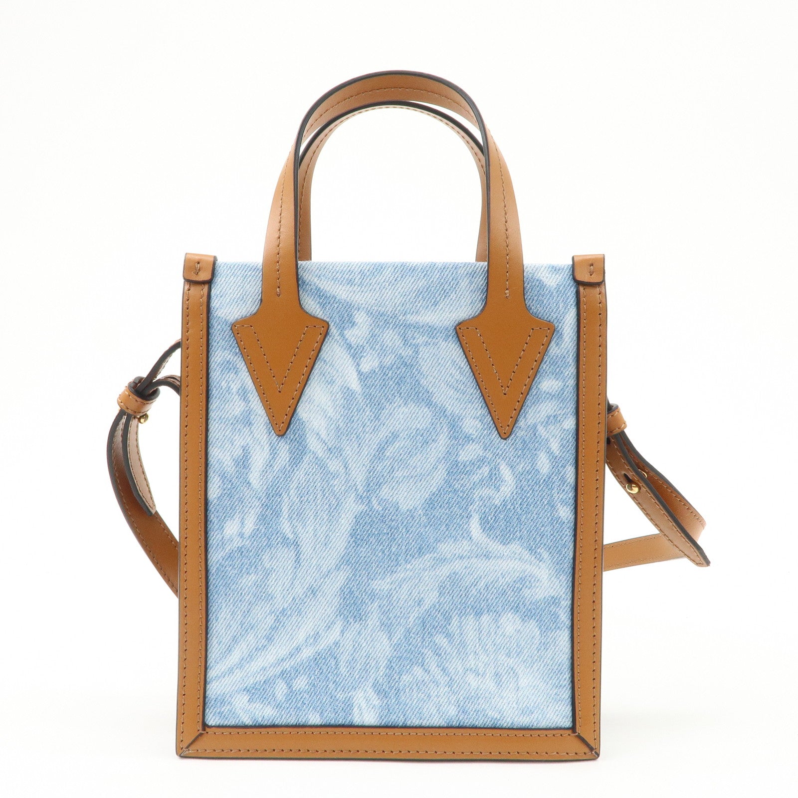 GIANNI VERSACE Leather Denim 2Way Hand Bag Shoulder Bag Blue Brown Used