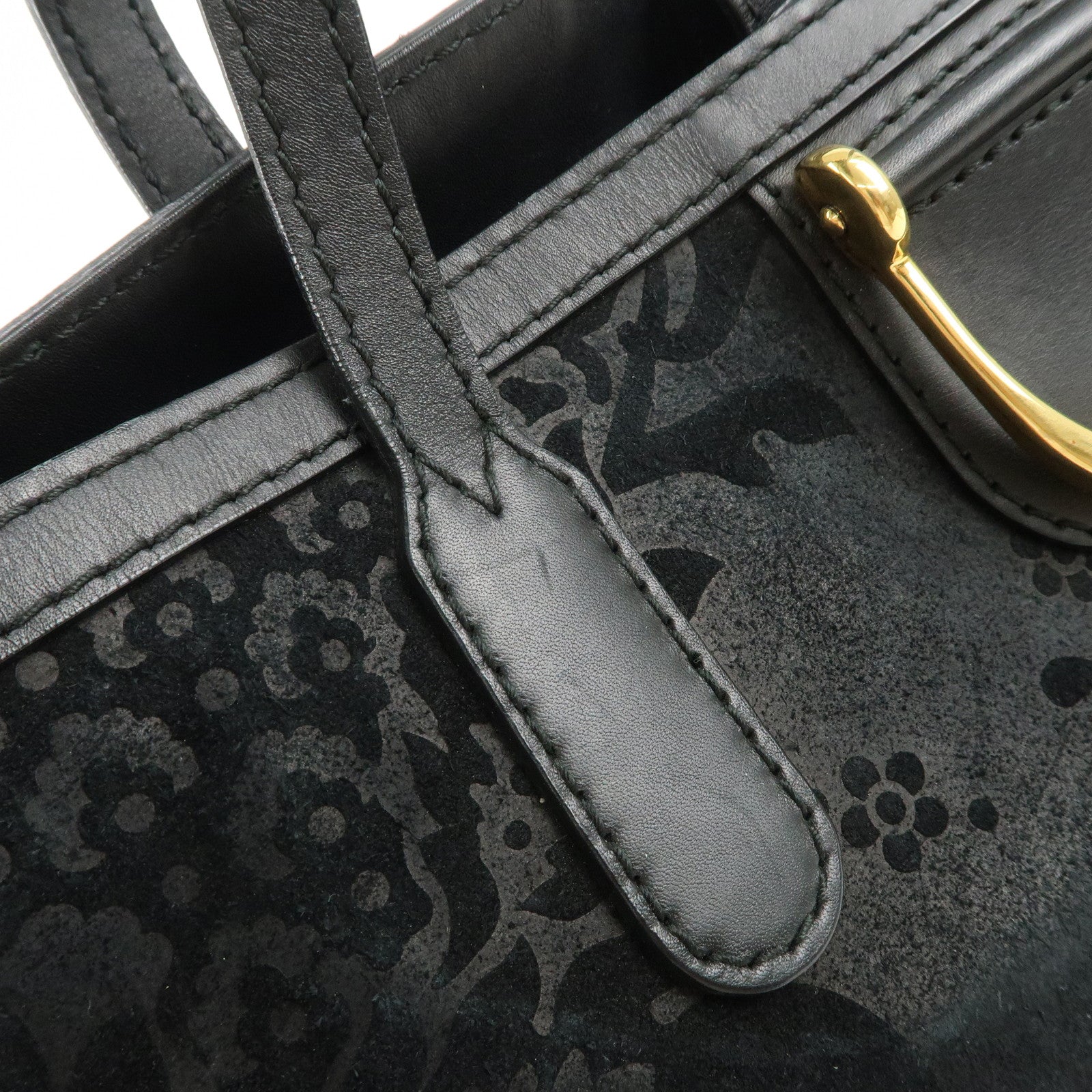 GUCCI Horsebit Logo Suede Leather Tote Bag Hand Bag Black 305585