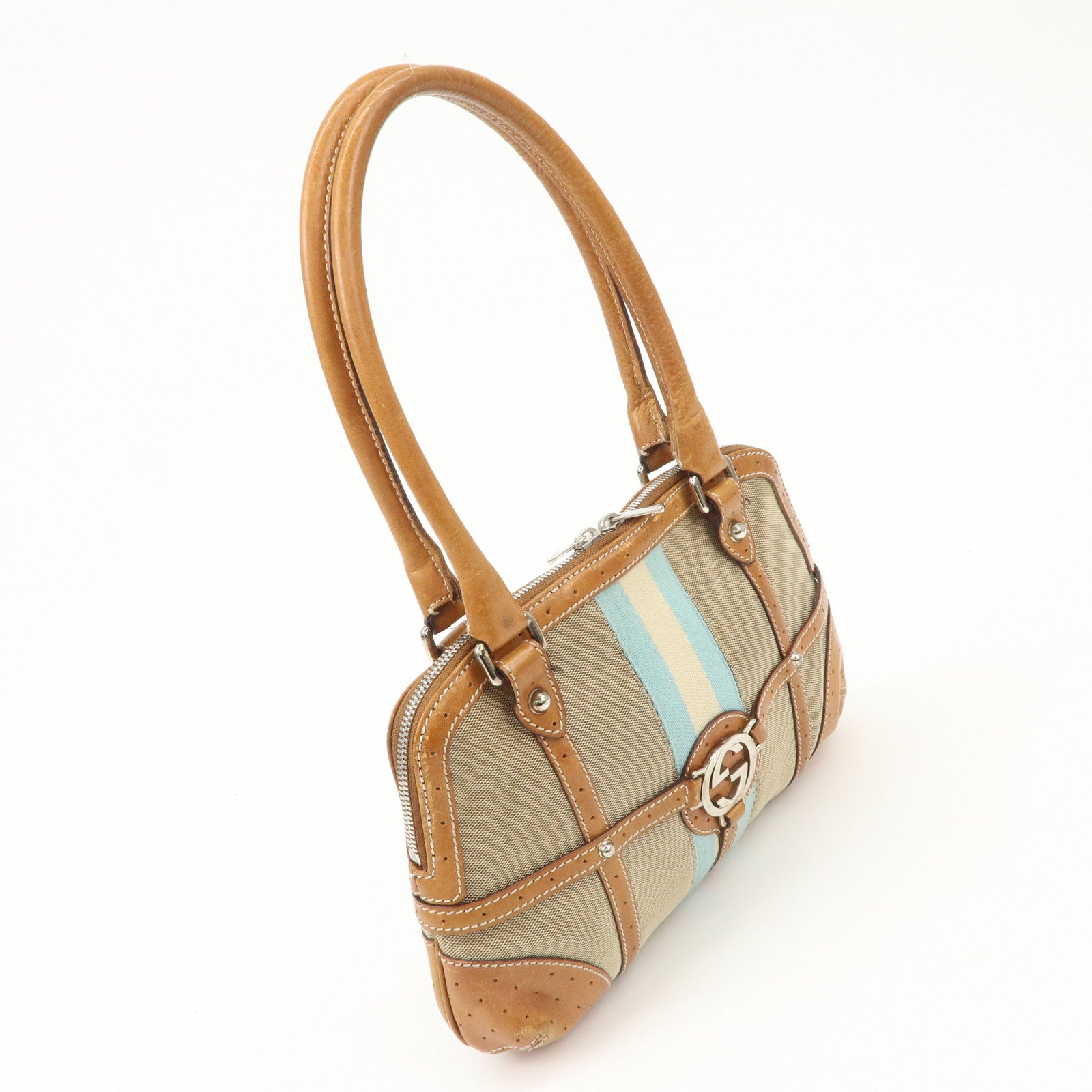 GUCCI Interlocking G Sherry Leather Canvas Hand Bag Beige 114882 Used