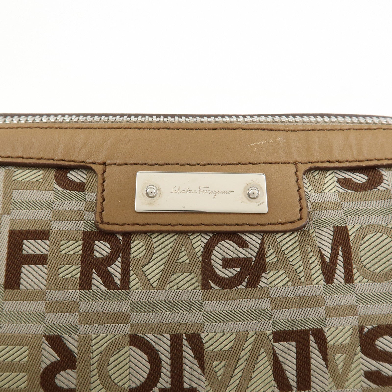 Ferragamo Logo Canvas Leather Hand Bag Shoulder Bag Beige Brown