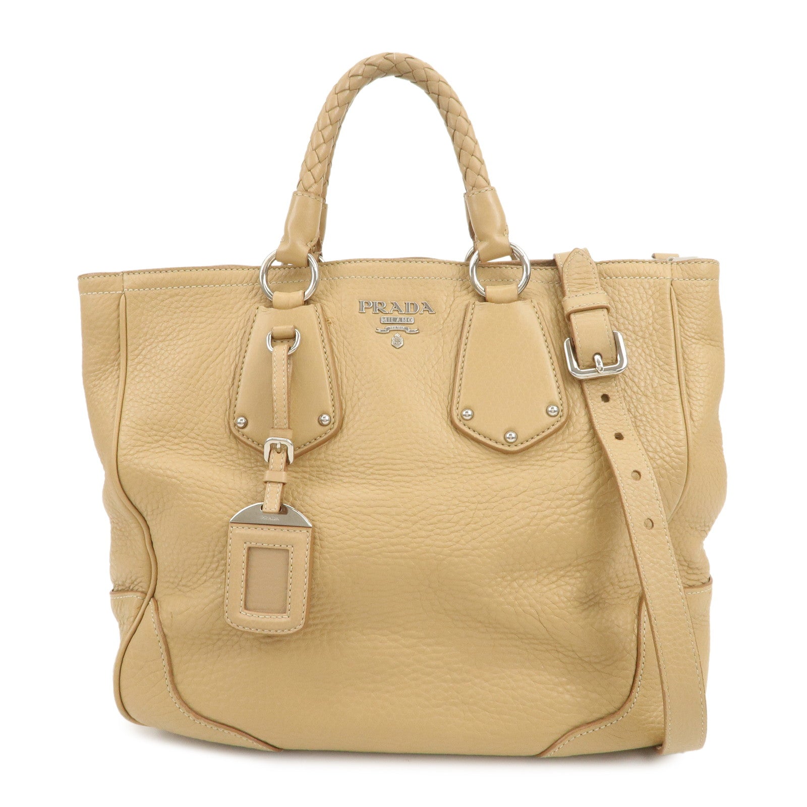 PRADA Logo Leather 2Way Bag Hand Bag Shoulder Bag Beige BN1364