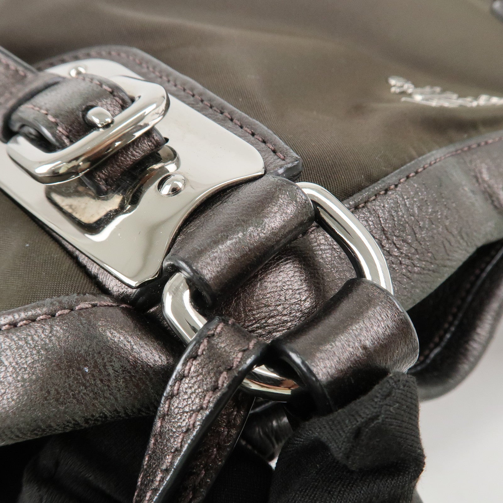 PRADA Logo Nylon Leather Tote Bag Shoulder Bag Khaki Metallic Brown Used