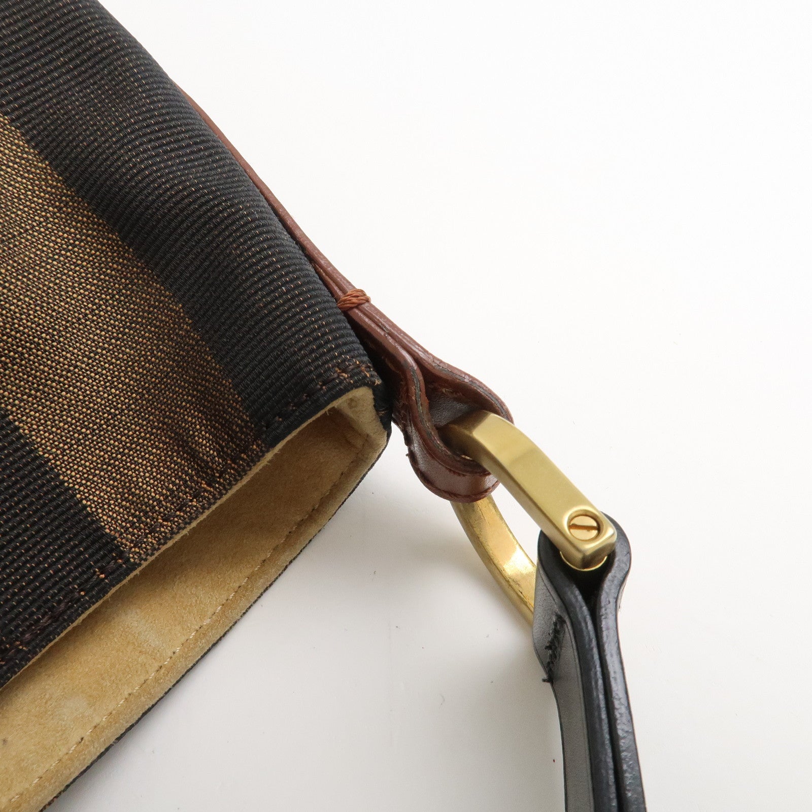 FENDI Pequin Canvas Leather Shoulder Bag Hand Bag Brown 8BR653