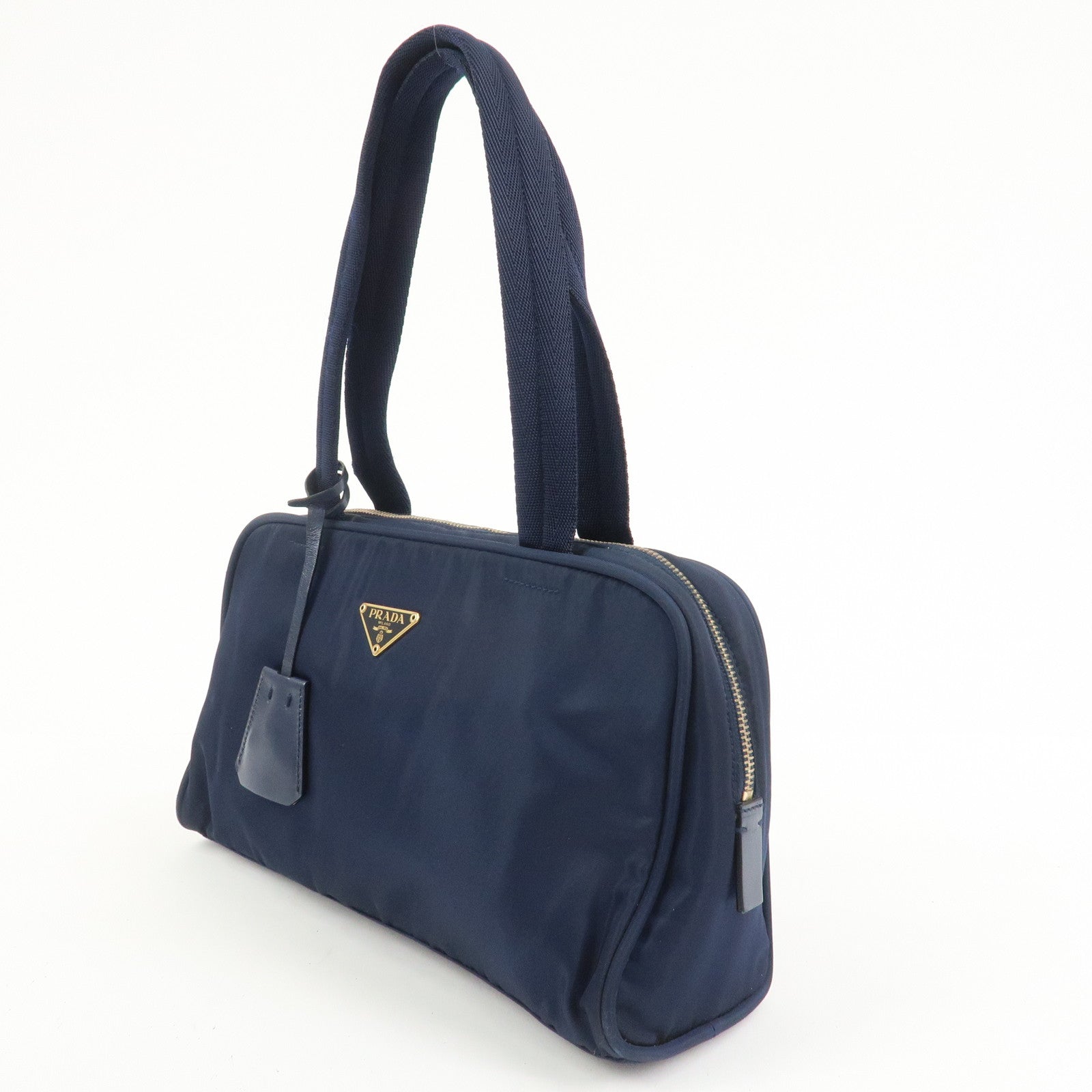 PRADA Triangle Logo Nylon Leather Hand Bag Navy