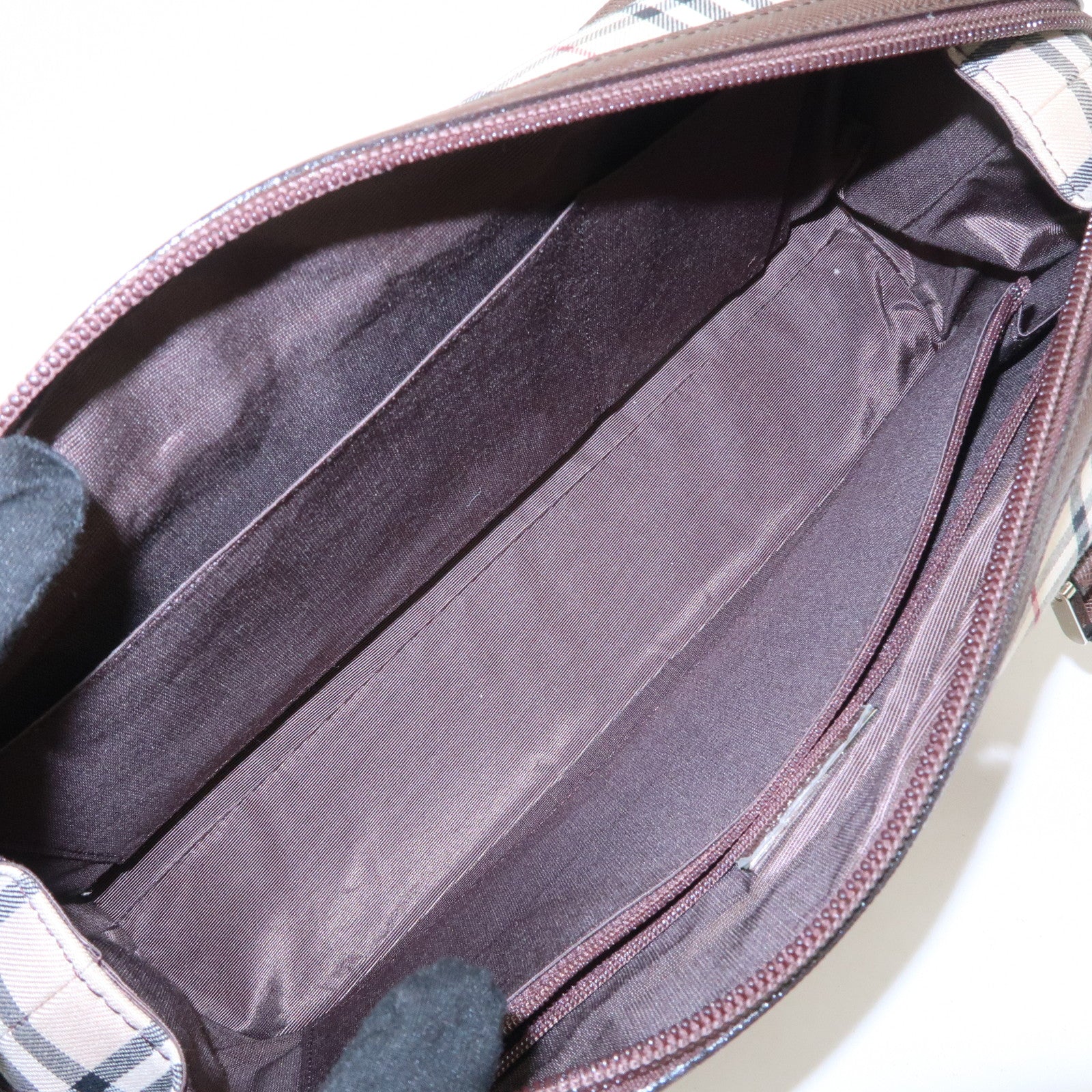 BURBERRY Leather Canvas Boston Bag Hand Bag Nova Plaid Brown Used