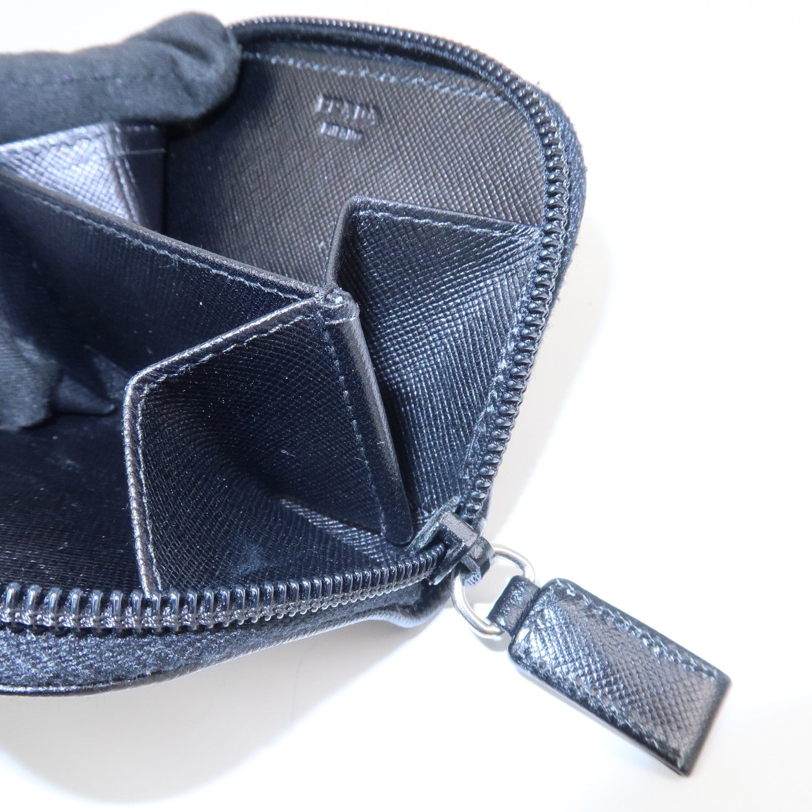 PRADA Triangle Logo Saffiano Leather Round Zippy Coin Case Black