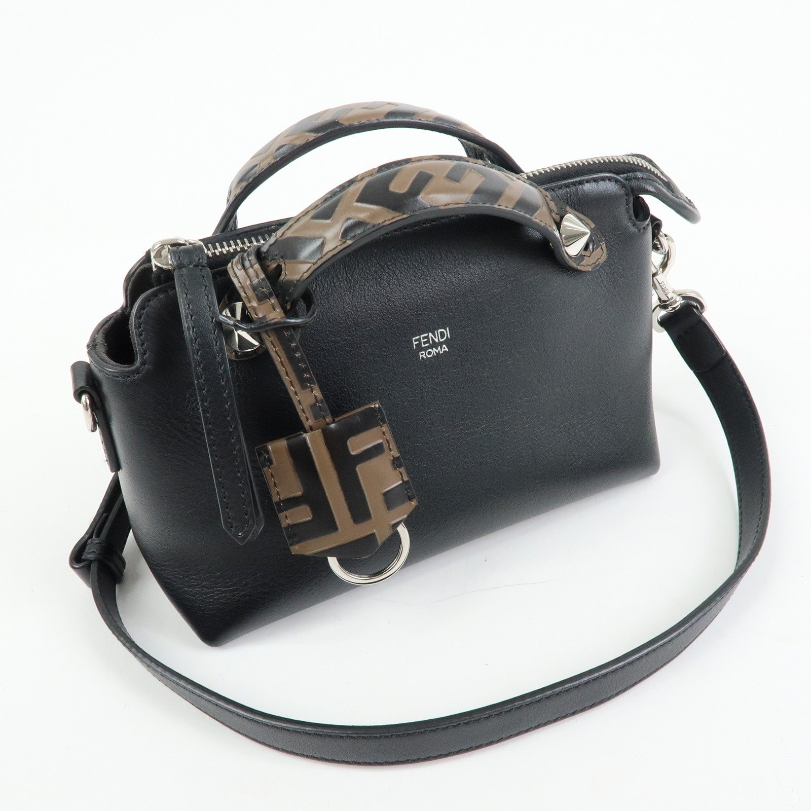 FENDI By The Way Zucca Leather 2Way Shoulder Bag Black Brown 8BL145