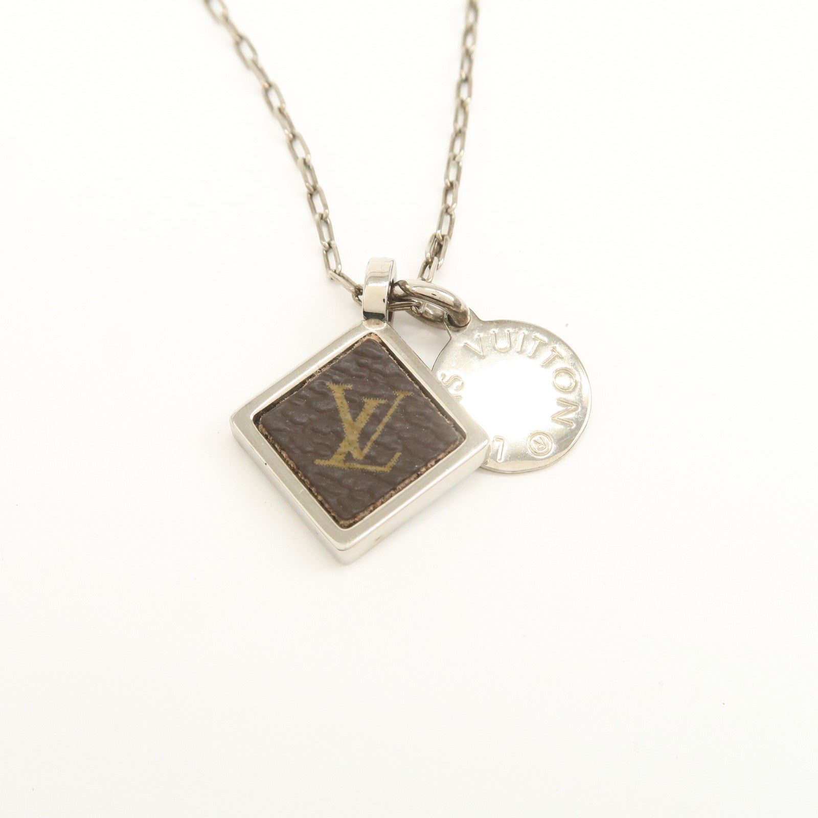 Louis Vuitton Monogram Canvas Metal Necklace Brown Silver M00041