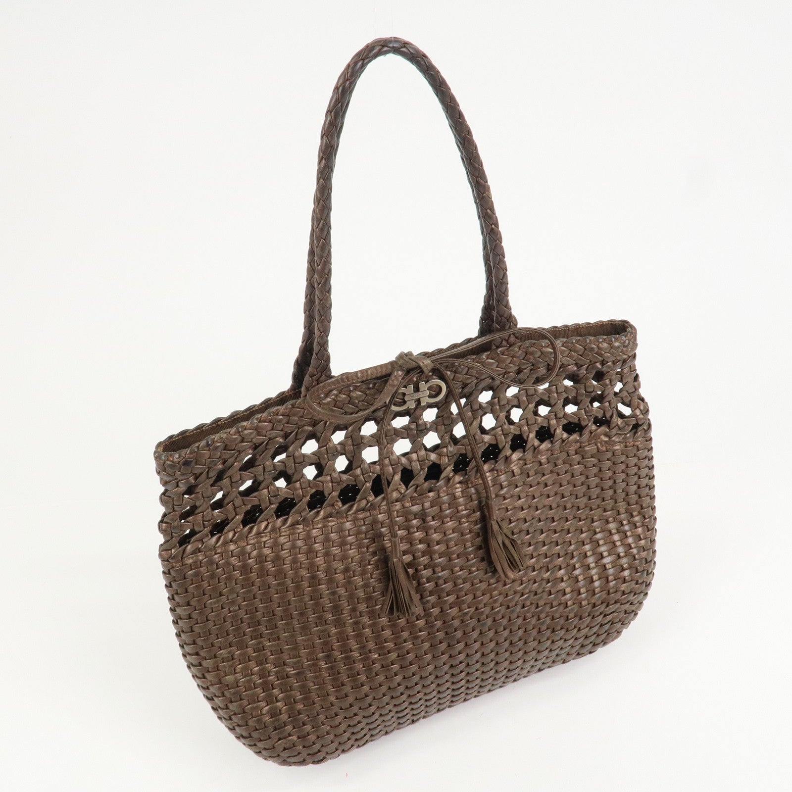 Ferragamo Gancini Logo Leather Tote Bag Shoulder Bag Brown