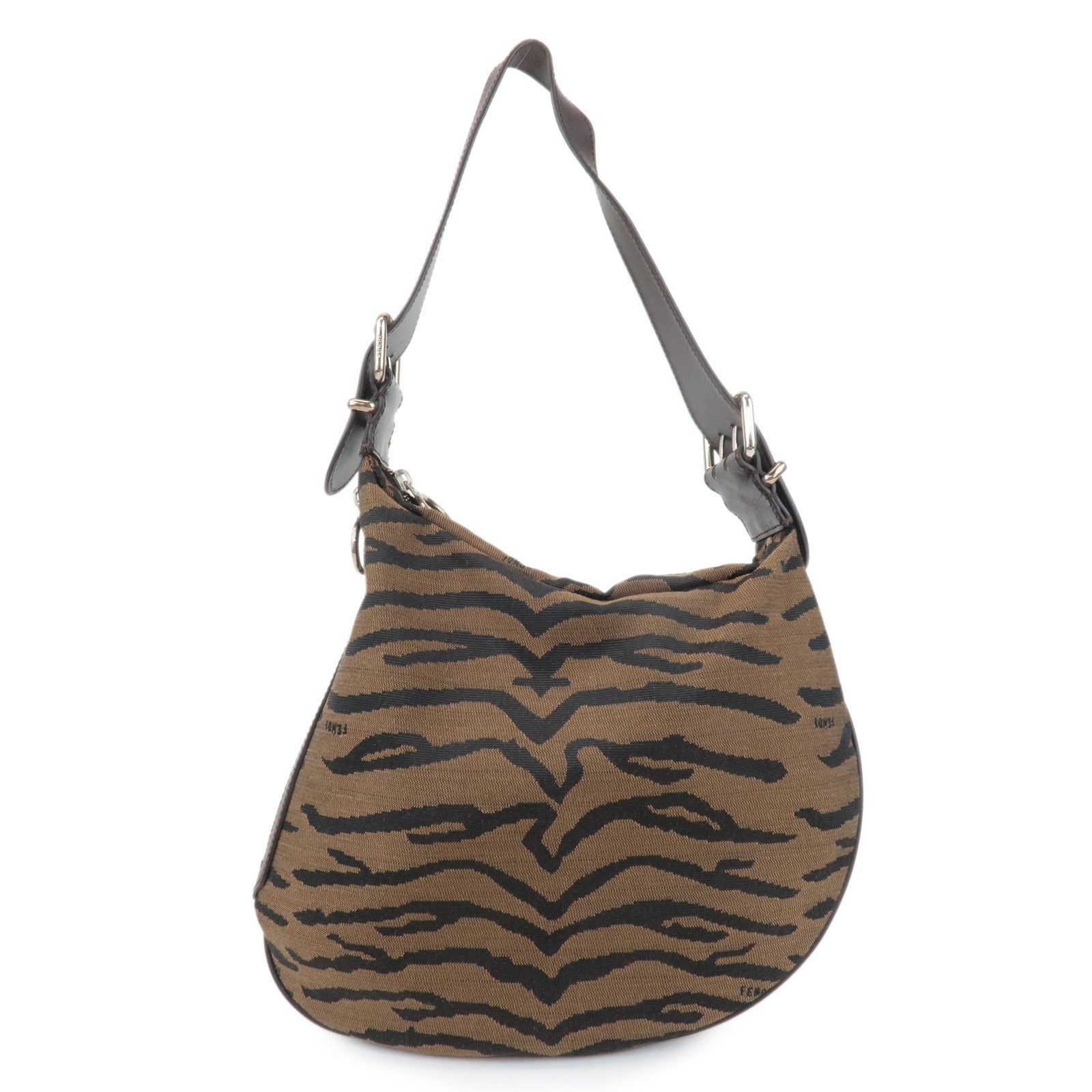 FENDI Zebra Leather Canvas Shoulder Bag Hand Bag Black Brown Used