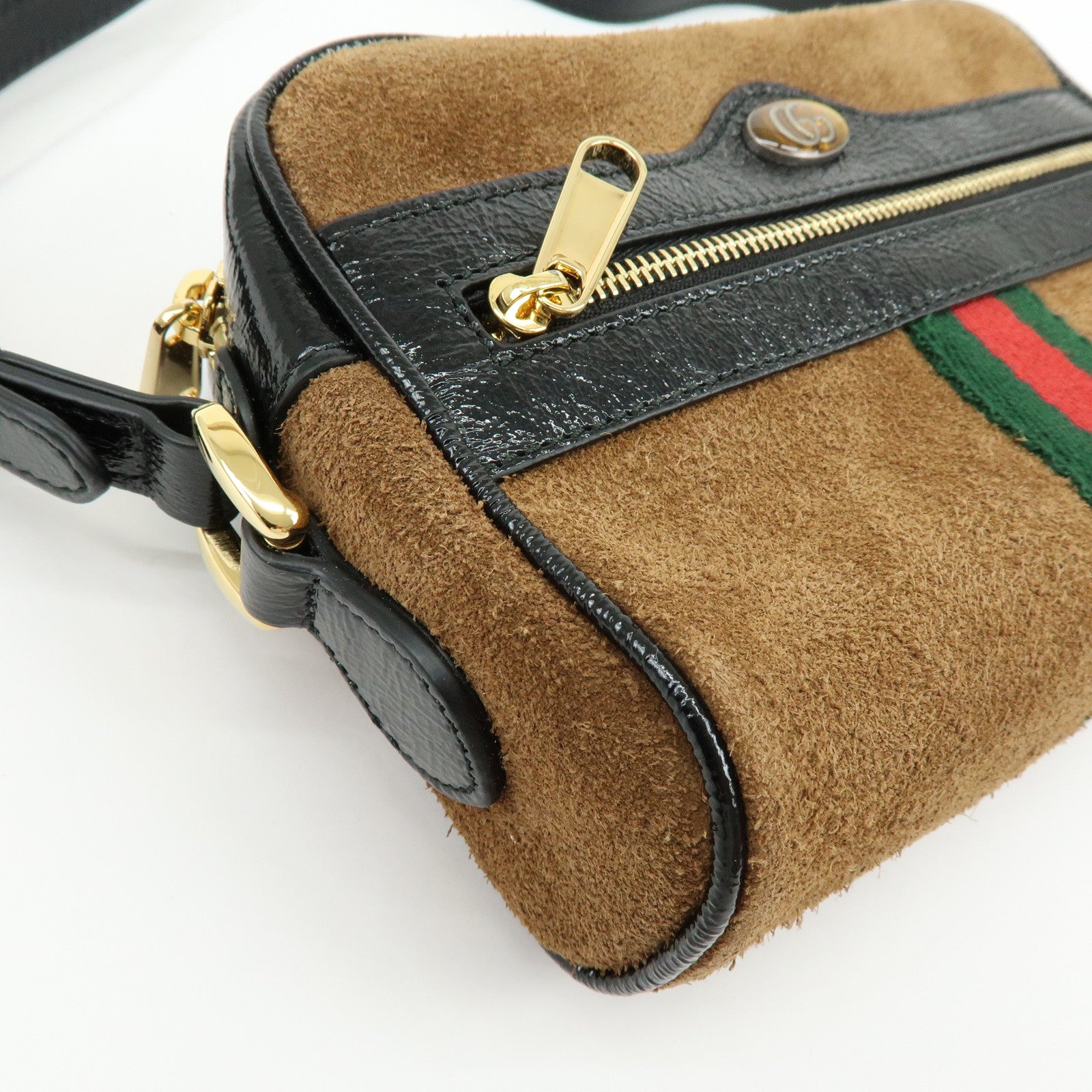 GUCCI Ophidia Sherry Suede Patent Leather Shoulder Bag Brown 573321