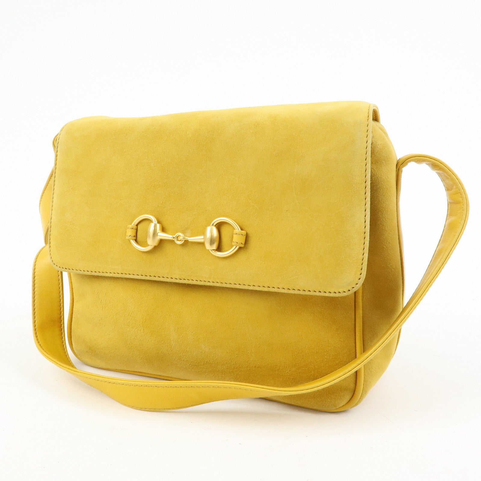 GUCCI Horsebit Suede Leather Shoulder Bag Yellow 007.3444