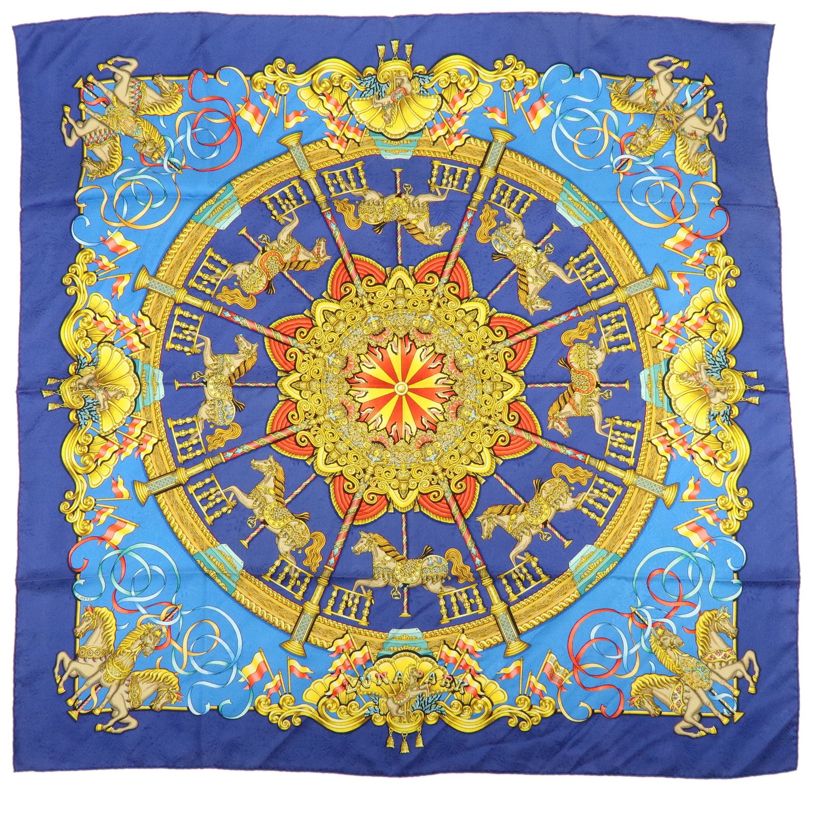 HERMES Carre 90 Silk 100% LUNA PARK Scarf Blue Gold