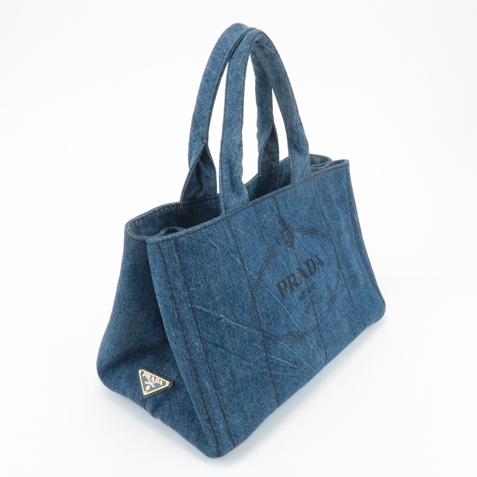 PRADA Triangle Logo Canapa Canvas Denim Hand Bag Navy B1877B Used