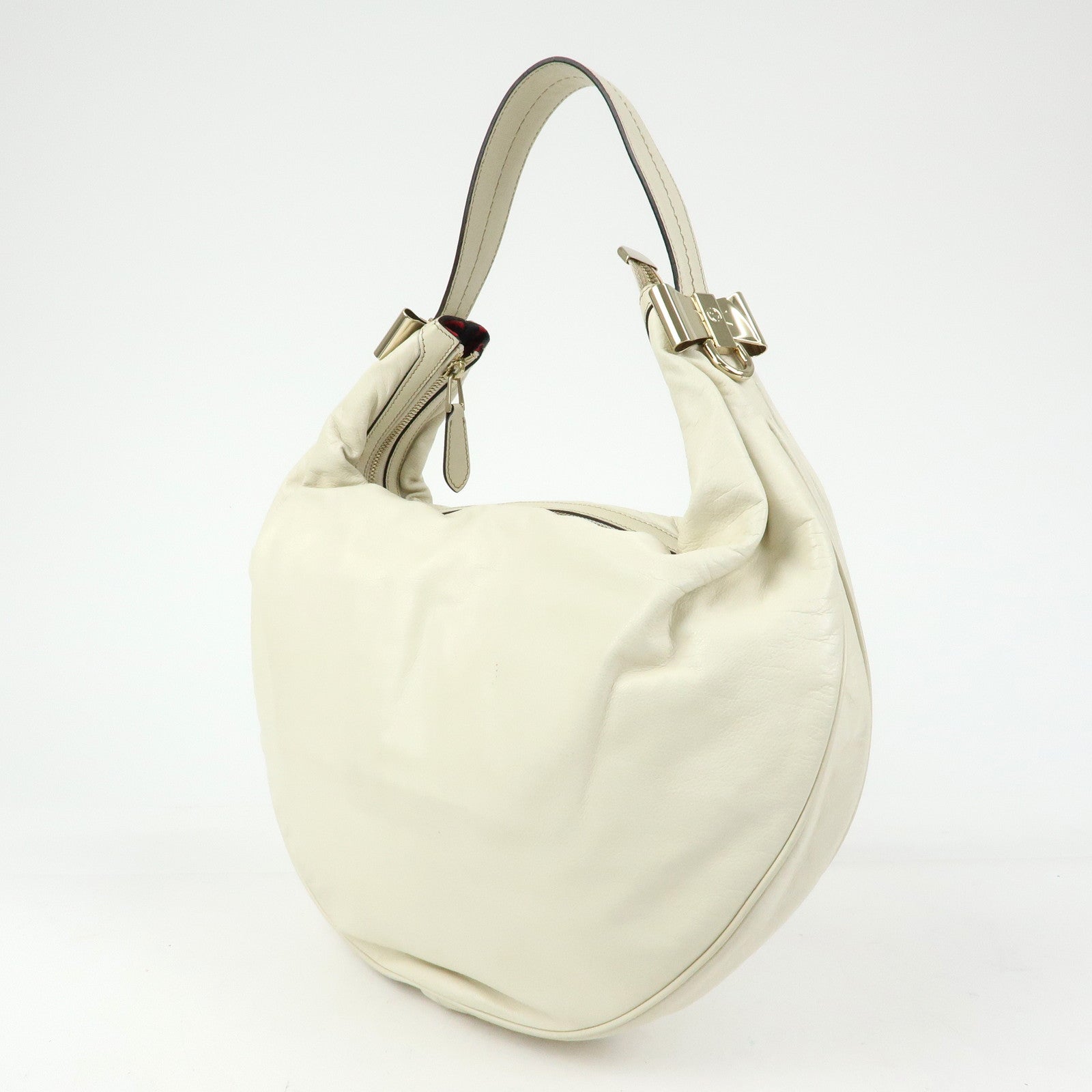 GUCCI Interlocking G Crest Leather Shoulder Bag Ivory 181492