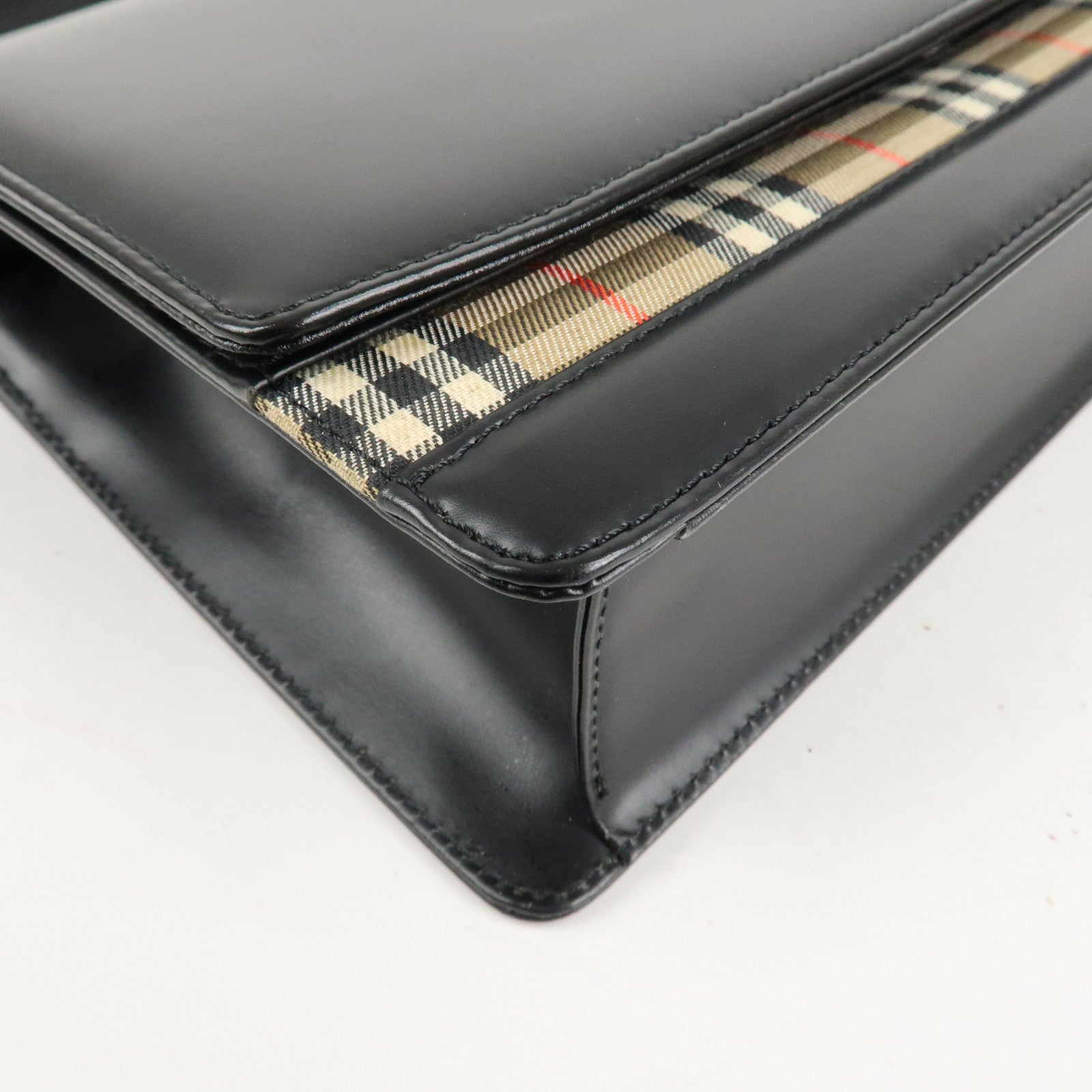 BURBERRY Nova Plaid PVC Leather Shoulder Bag Hand Bag Black Beige Used