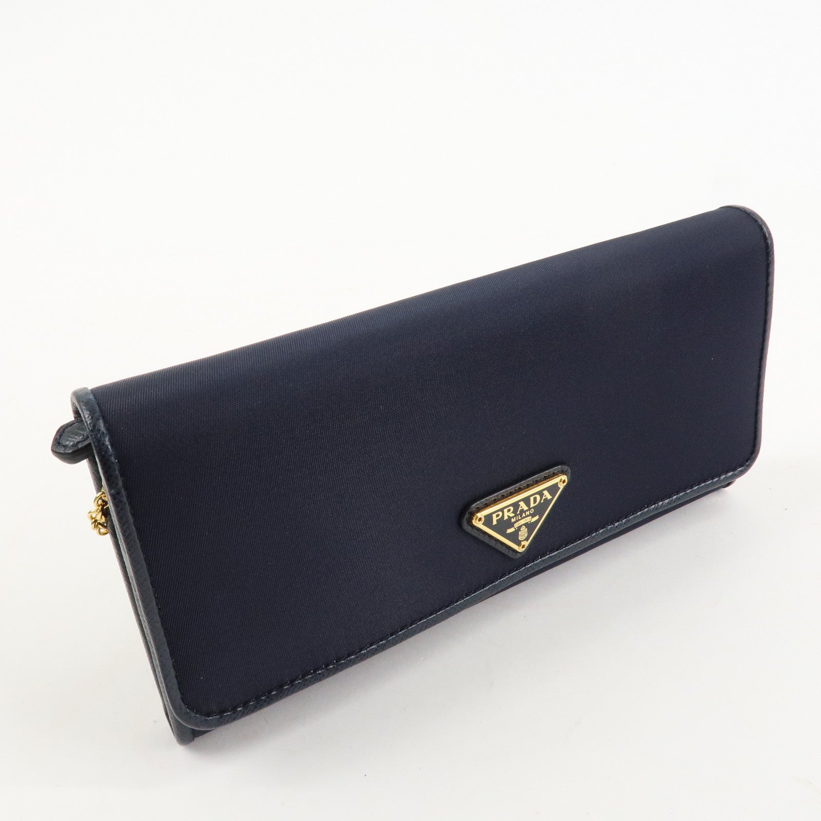 PRADA Triangle Logo Nylon Leather Bi-fold Long Wallet Navy 1MH132 Used