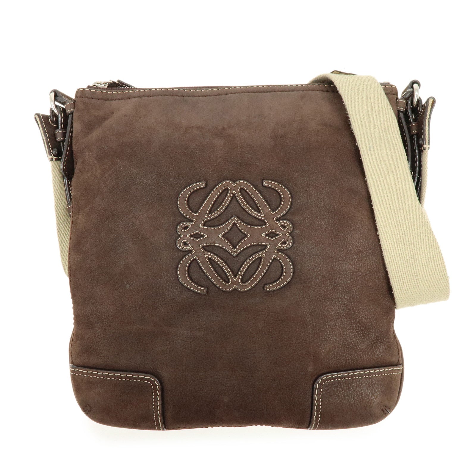 LOEWE Anagram Leather Canvas Shoulder Bag Crossbody Bag Brown Beige