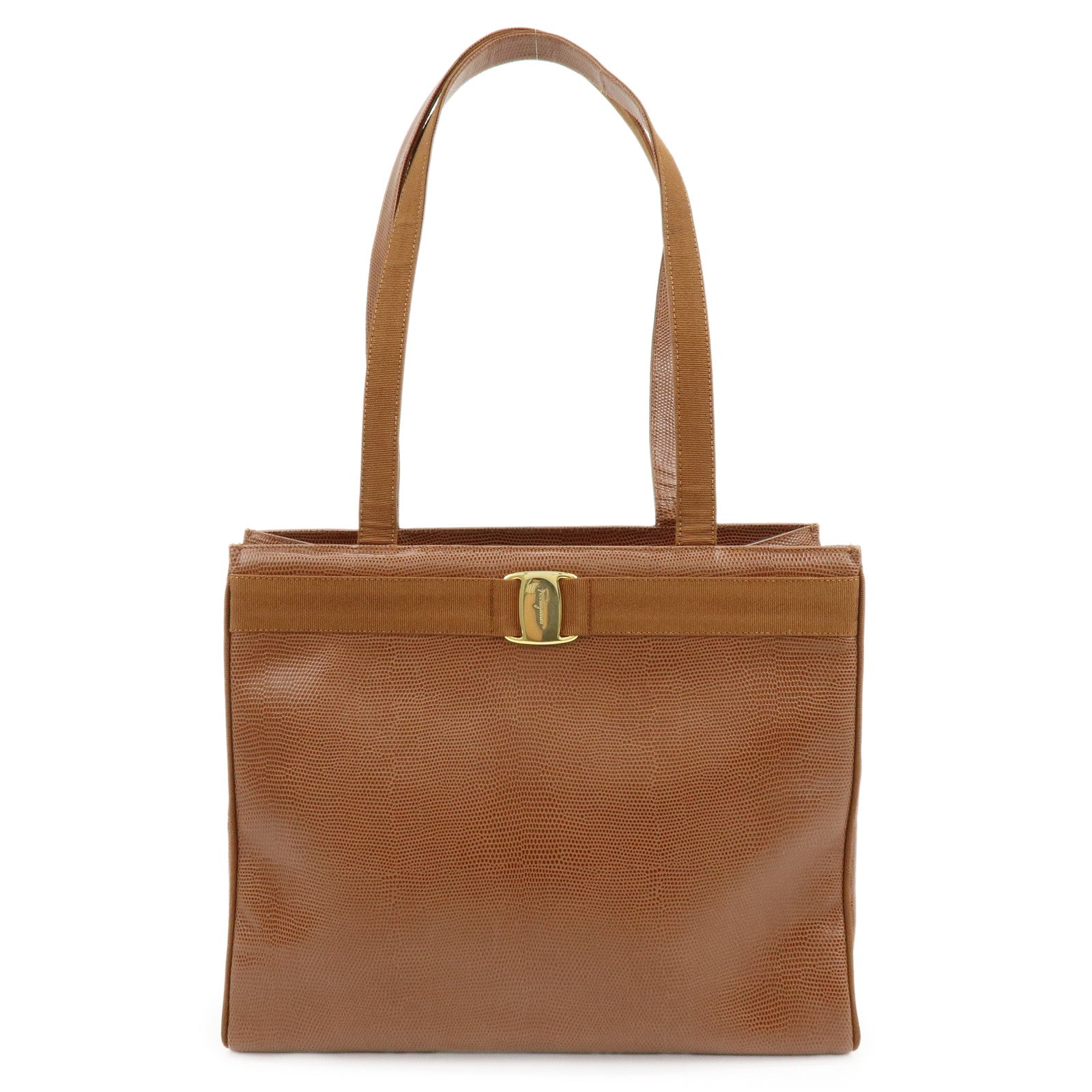 Ferragamo Vara Embossed Leather Tote Bag Shoulder Bag Brown