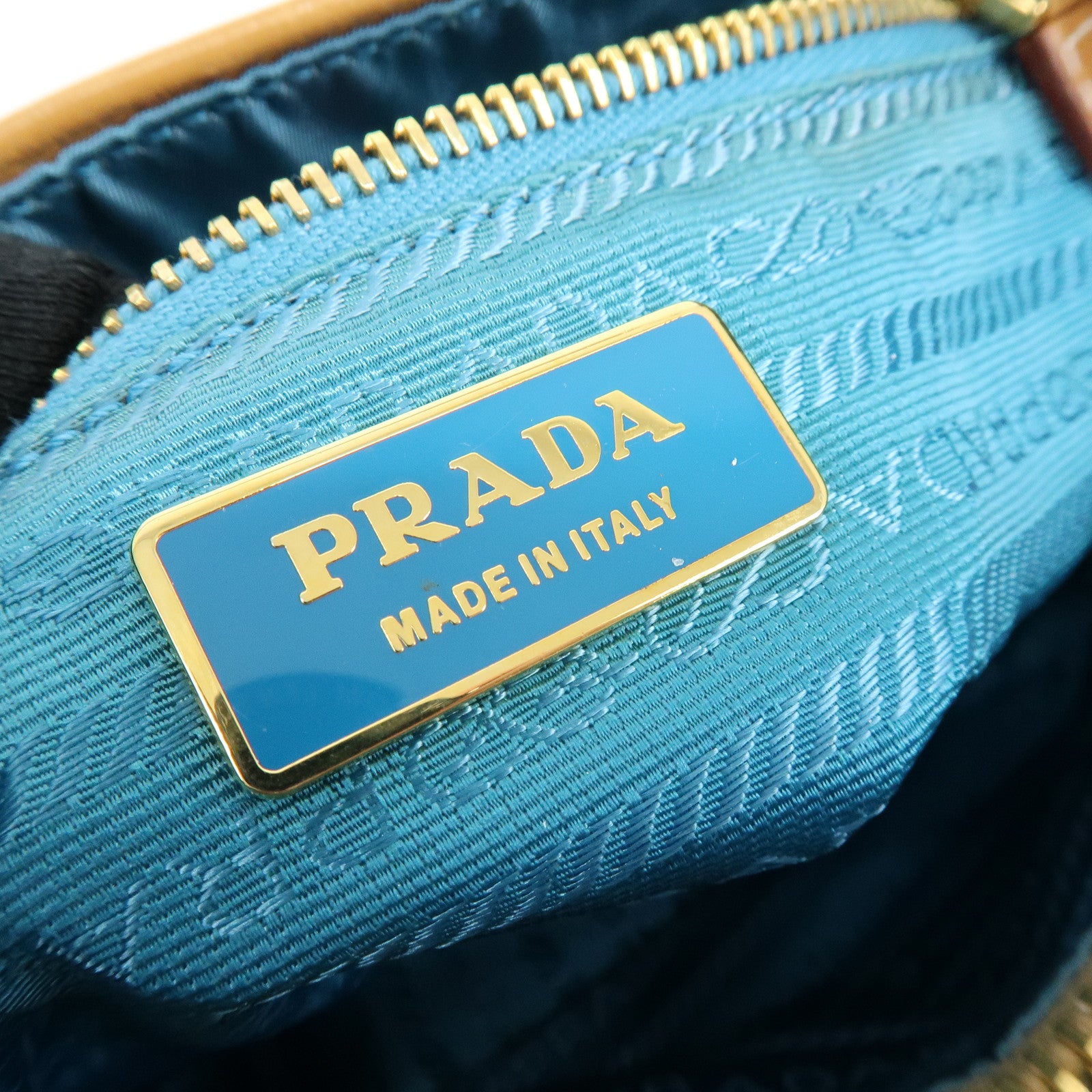 PRADA Triangle Logo Canvas Leather Hand Bag Light Brown Blue