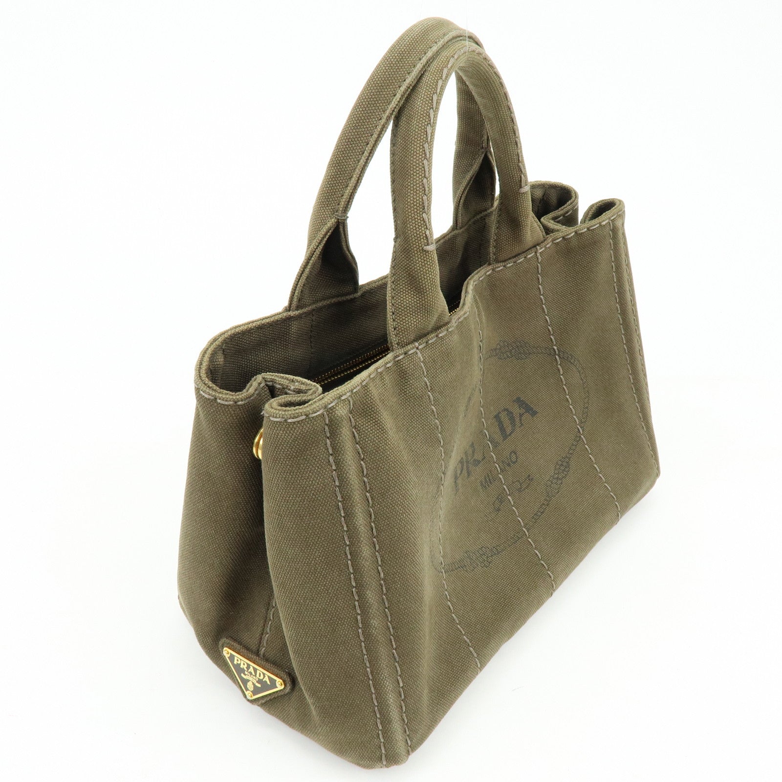 PRADA Canapa Mini Triangle Logo Canvas Tote Hand Bag Khaki BN2439
