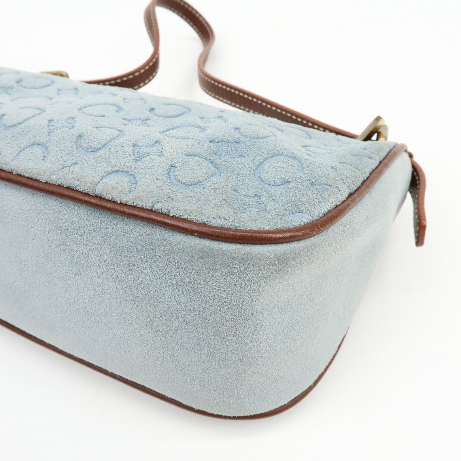 CELINE C Macadam Suede Leather Shoulder Bag Hand Bag Light Blue