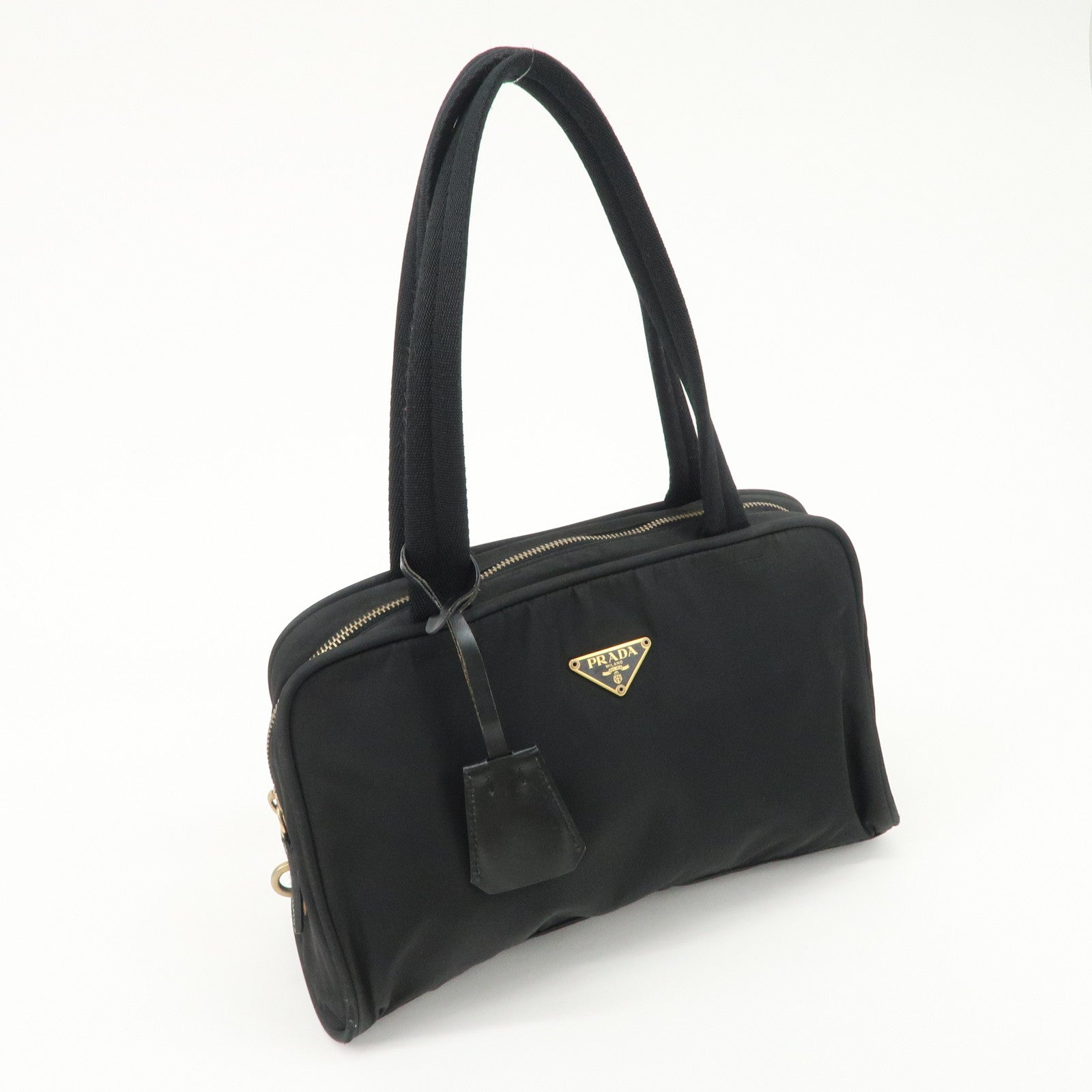 PRADA Triangle Logo Leather Nylon Hand Bag Shoulder Bag Black BR0141 Used