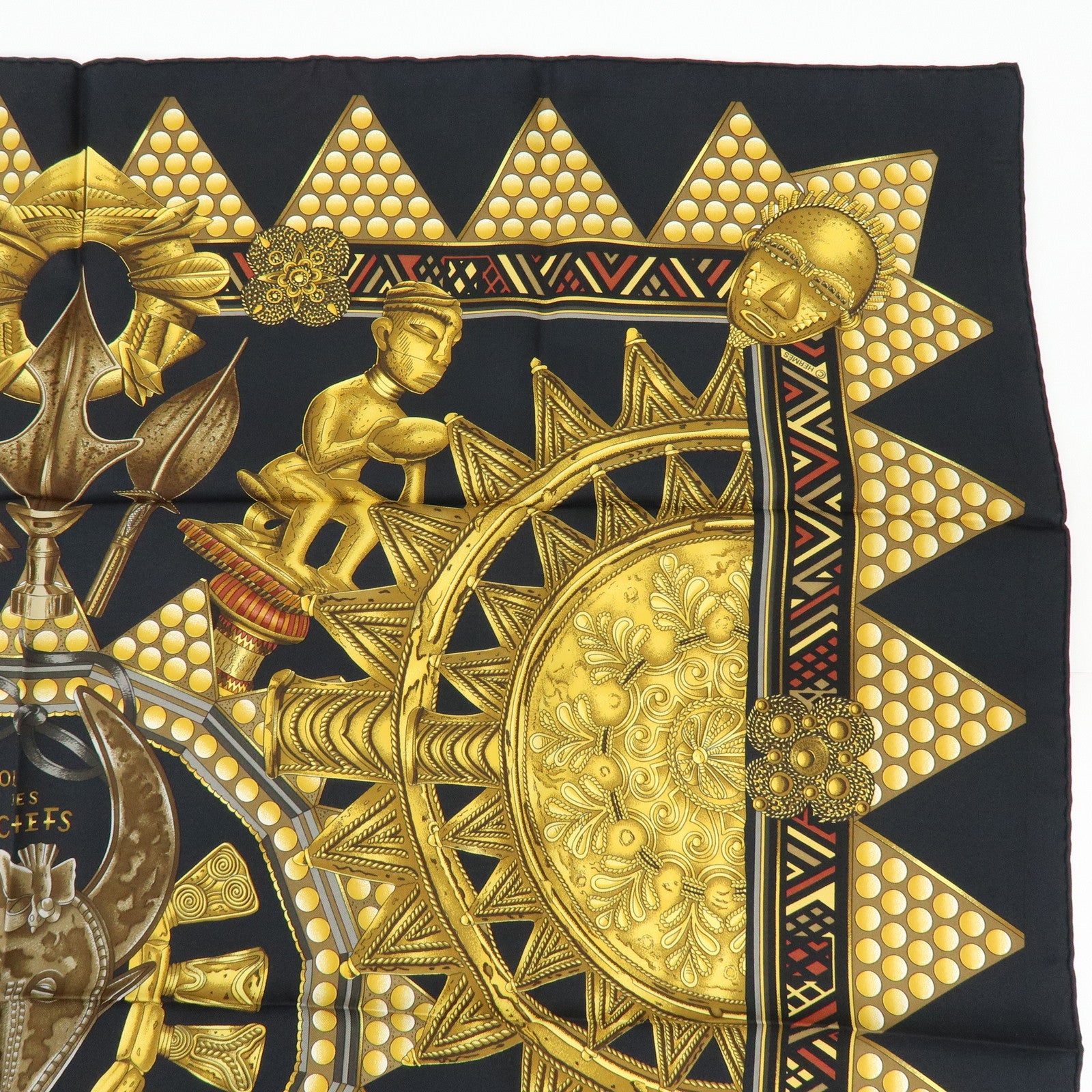 HERMES Carre 90 Silk 100% Scarf L'OR DES CHEFS Black Gold