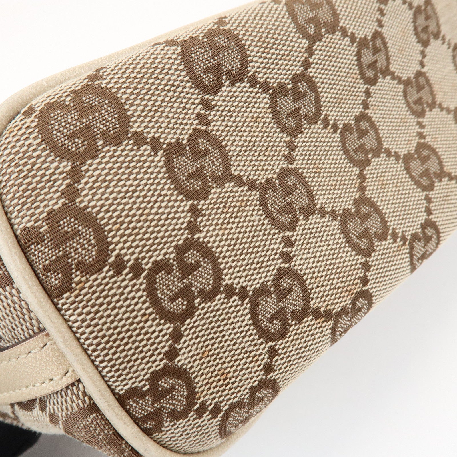 GUCCI Boat Bag GG Canvas Leather Pouch Hand Bag Beige Brown 07198