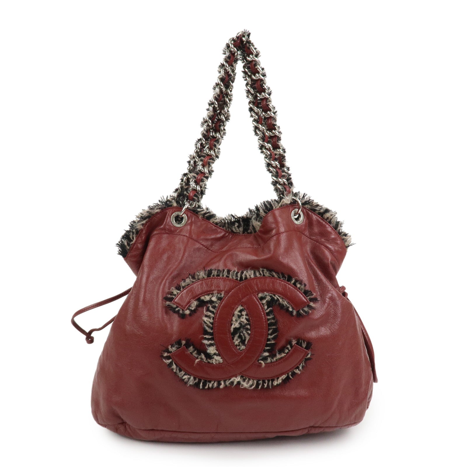CHANEL Leather Tweed Chain Shoulder Tote Bag Bordeaux A49559