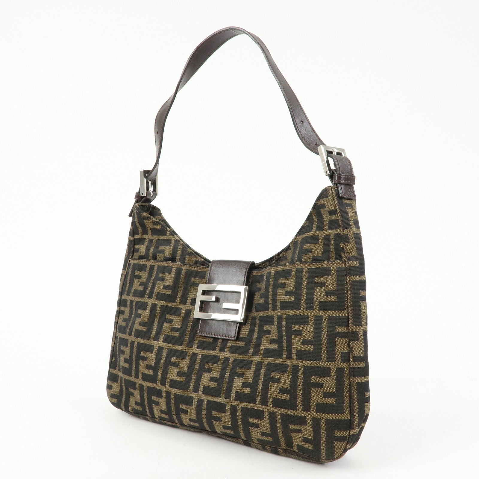 FENDI Zucca Canvas Leather Shoulder Bag Black Brown 26569