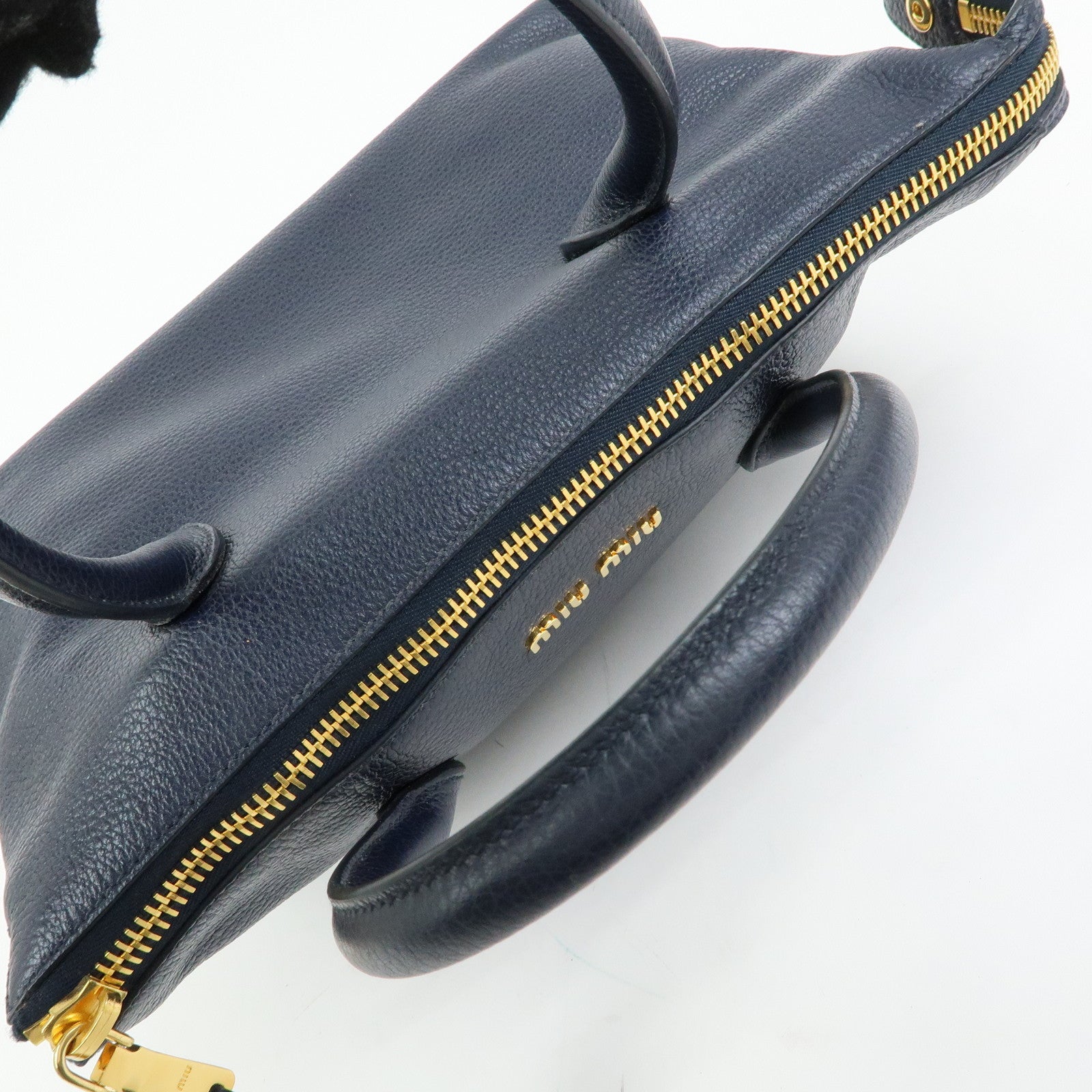 MIU MIU Logo Leather 2WAY Bag Shoulder Bag Hand Bag Navy 5BB016
