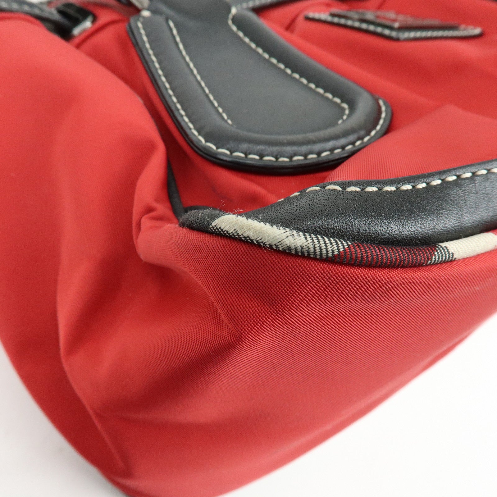 BURBERRY Blue Label Nova Plaid Nylon Leather Tote Bag Red Black