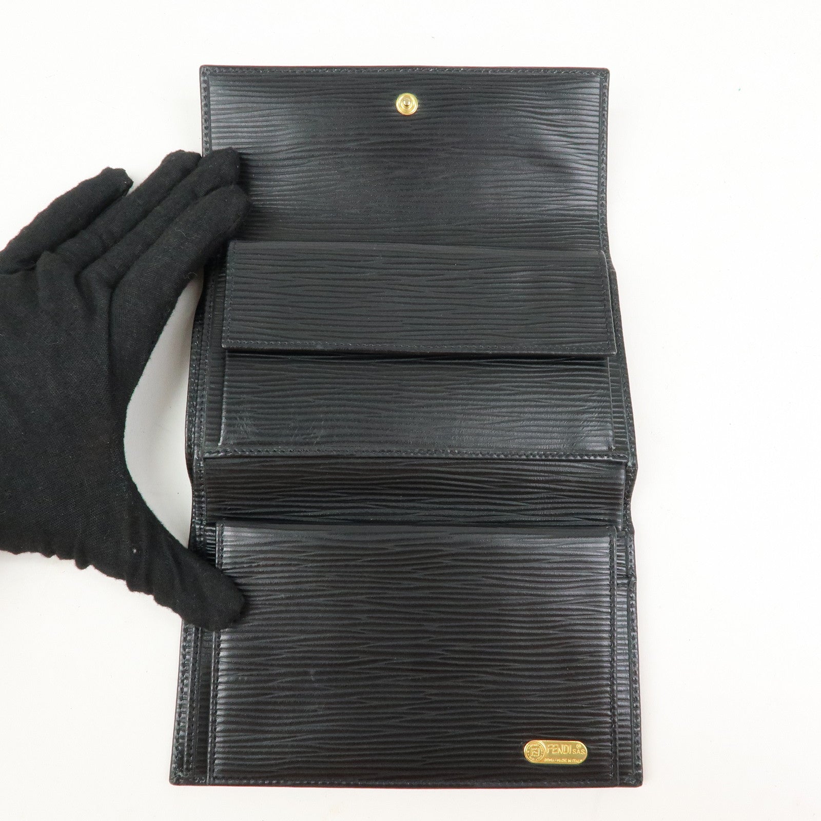 FENDI Embossed Leather Long Flap Wallet Black 30858