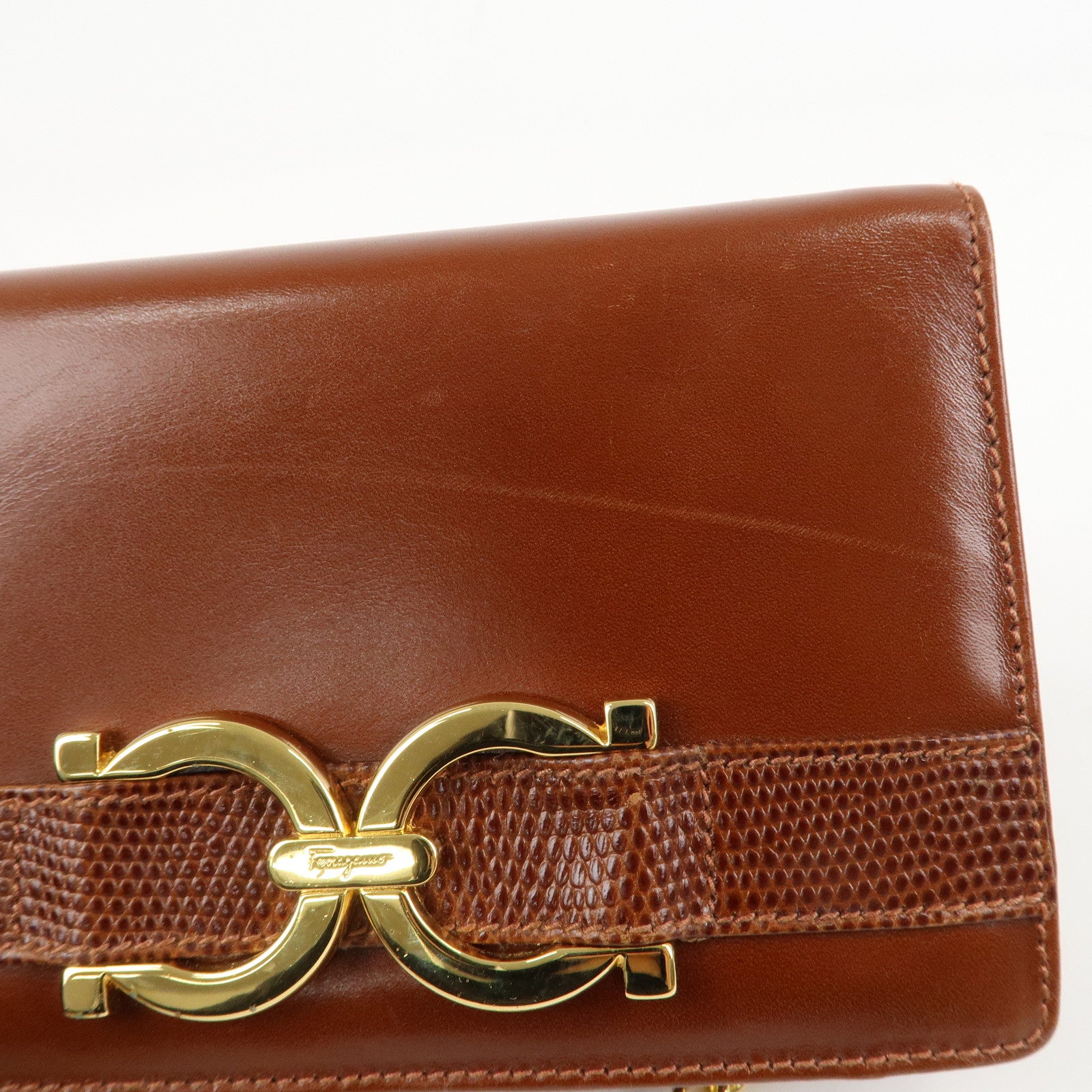 Ferragamo Gancini Leather Chain Shoulder Bag Brown Gold HDW Used