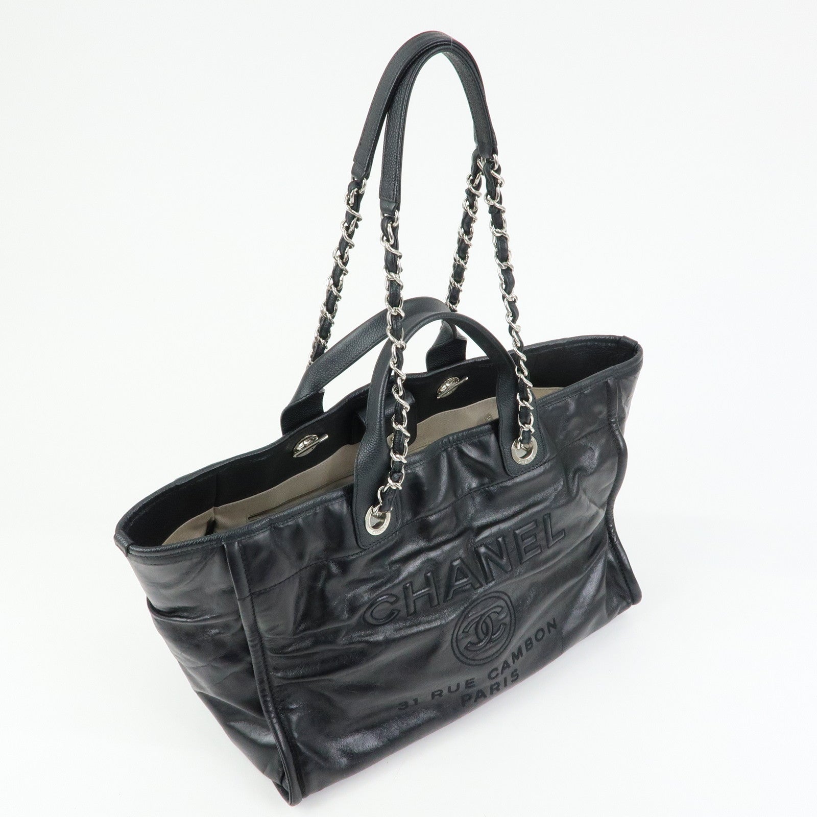 CHANEL Deauville GM Caviarskin Leather 2Way Tote Bag Black A66941