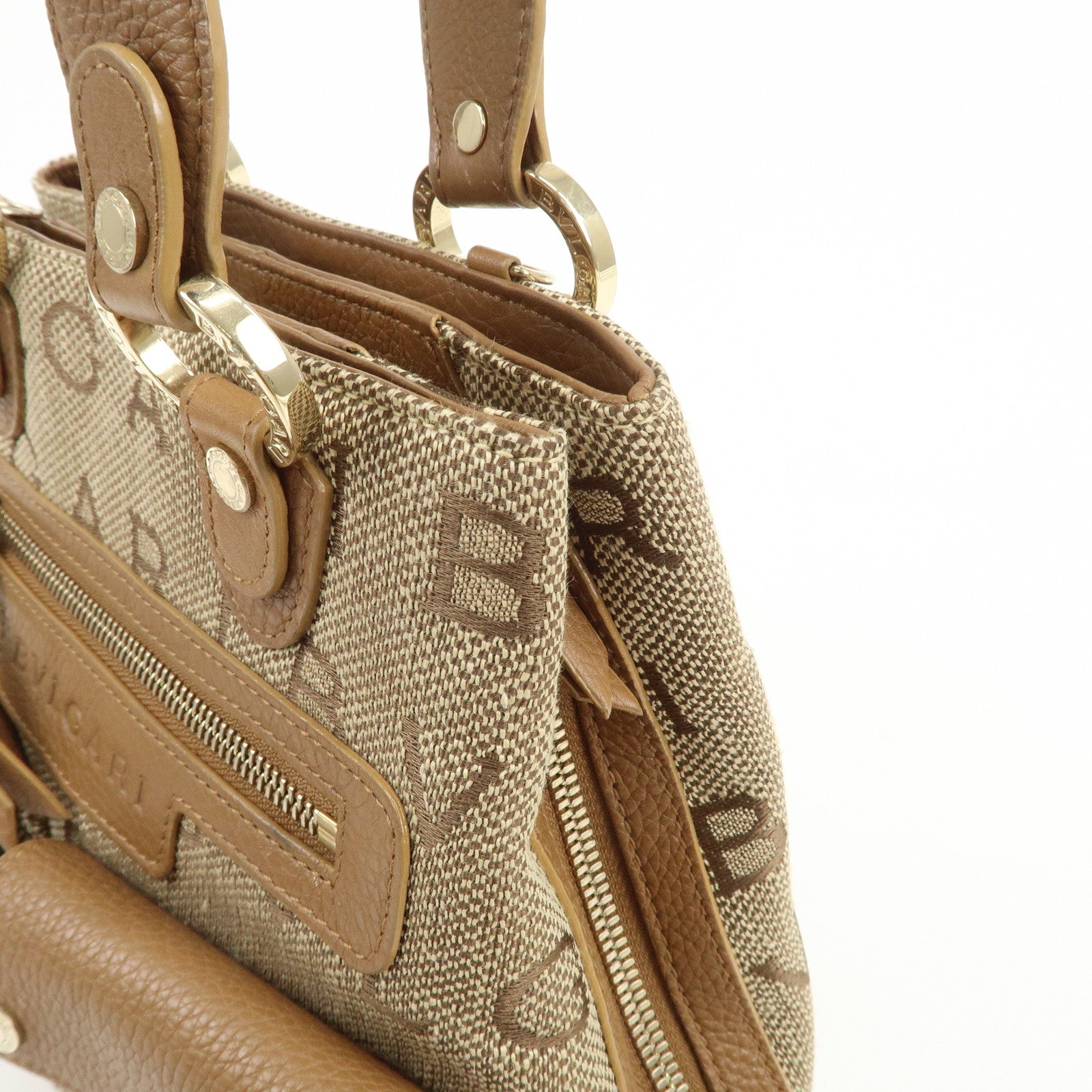 BVLGARI Logo Mania Canvas Leather Hand Bag Light Brown