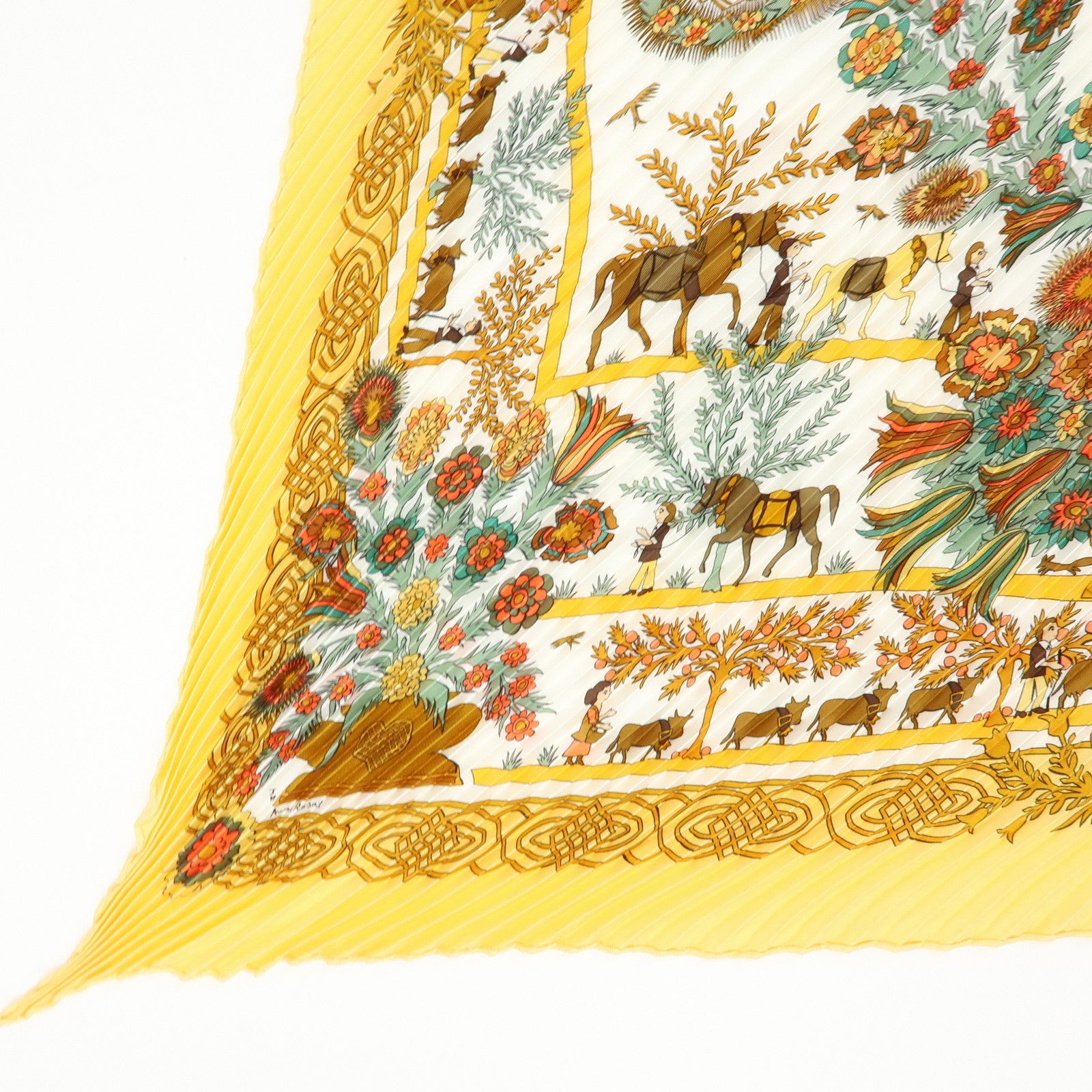 HERMES Pleated Carre 90 Silk 100% Scarf DECOUPAGES Yellow Brown