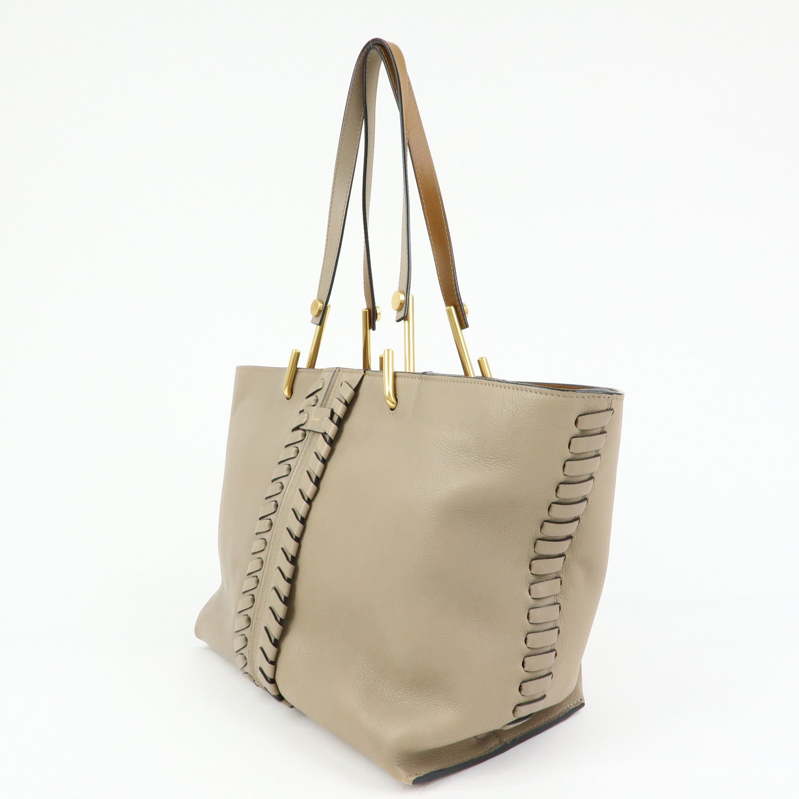 Chloe Leather Whipstitch Tote Bag Shoulder Bag Greige Beige