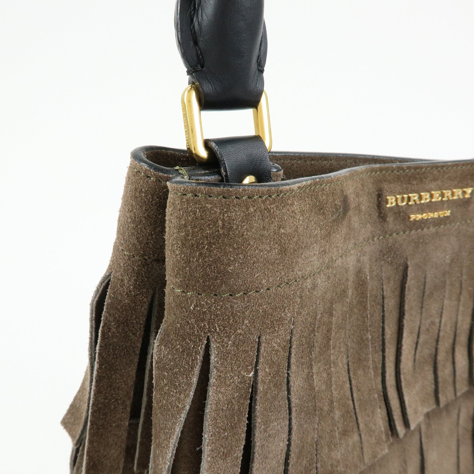 BURBERRY PROSUM Fringe Suede Leather Tote Bag Hand Bag Brown Black