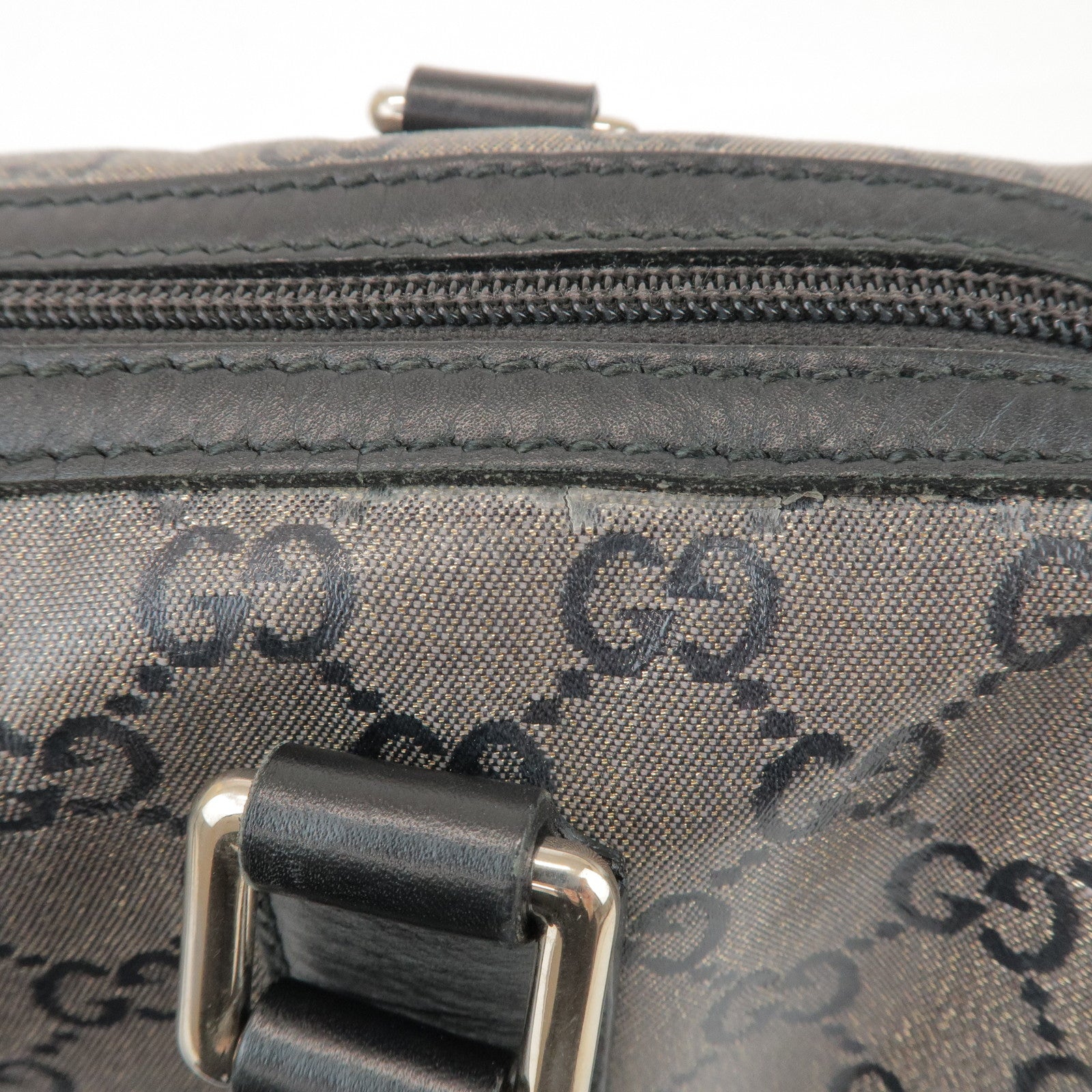GUCCI GG Crystal Leather Boston Bag Hand Bag Silver Black 257289