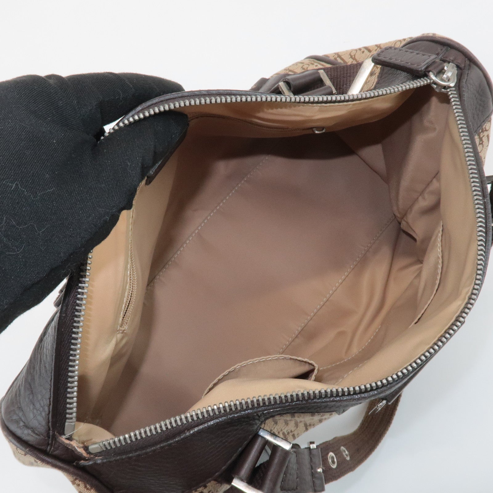 Christian Dior Trotter Street Chic Leather Canvas Boston Bag Beige Used