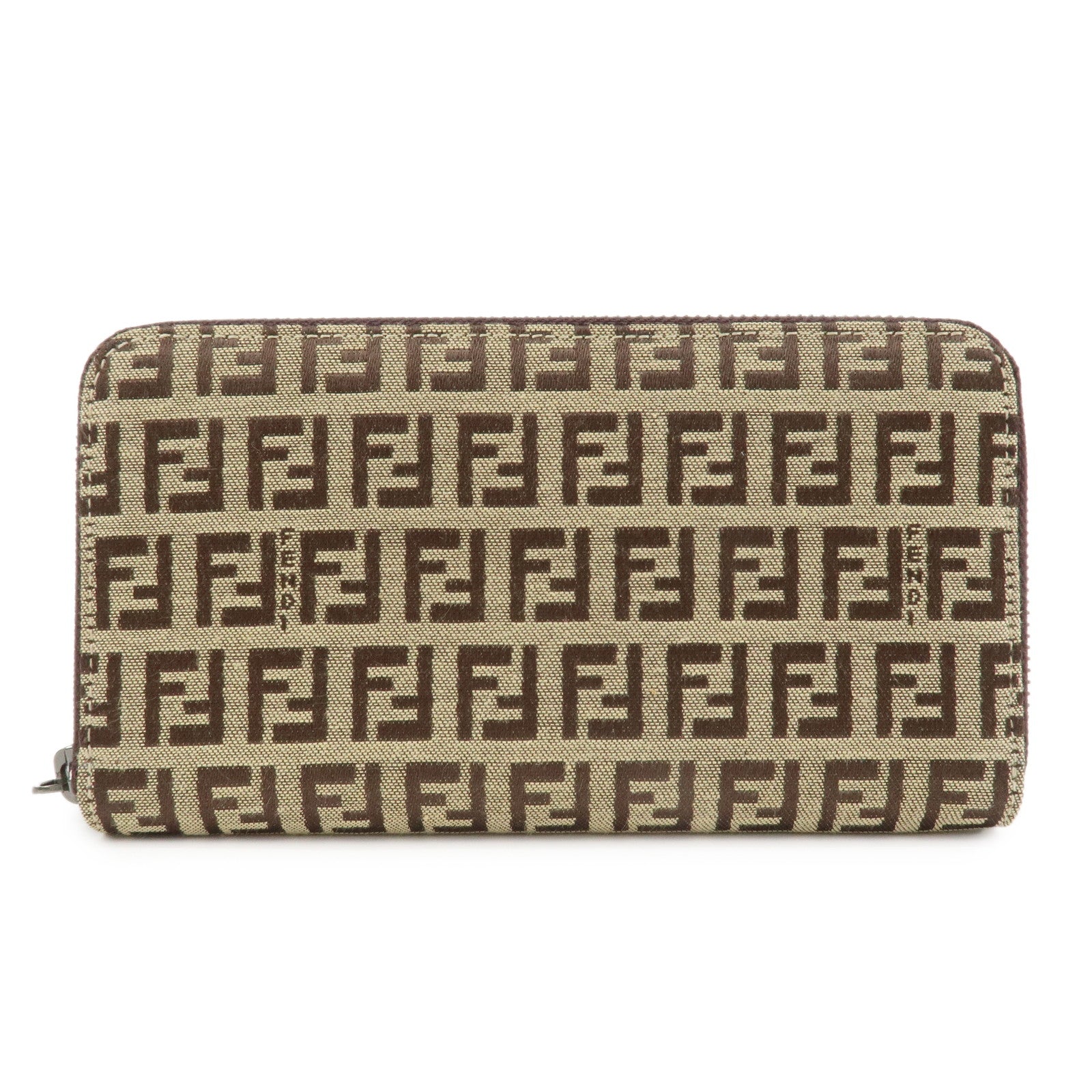 FENDI Zucchino Canvas Leather Round Zippy Long Wallet Brown 8M0024