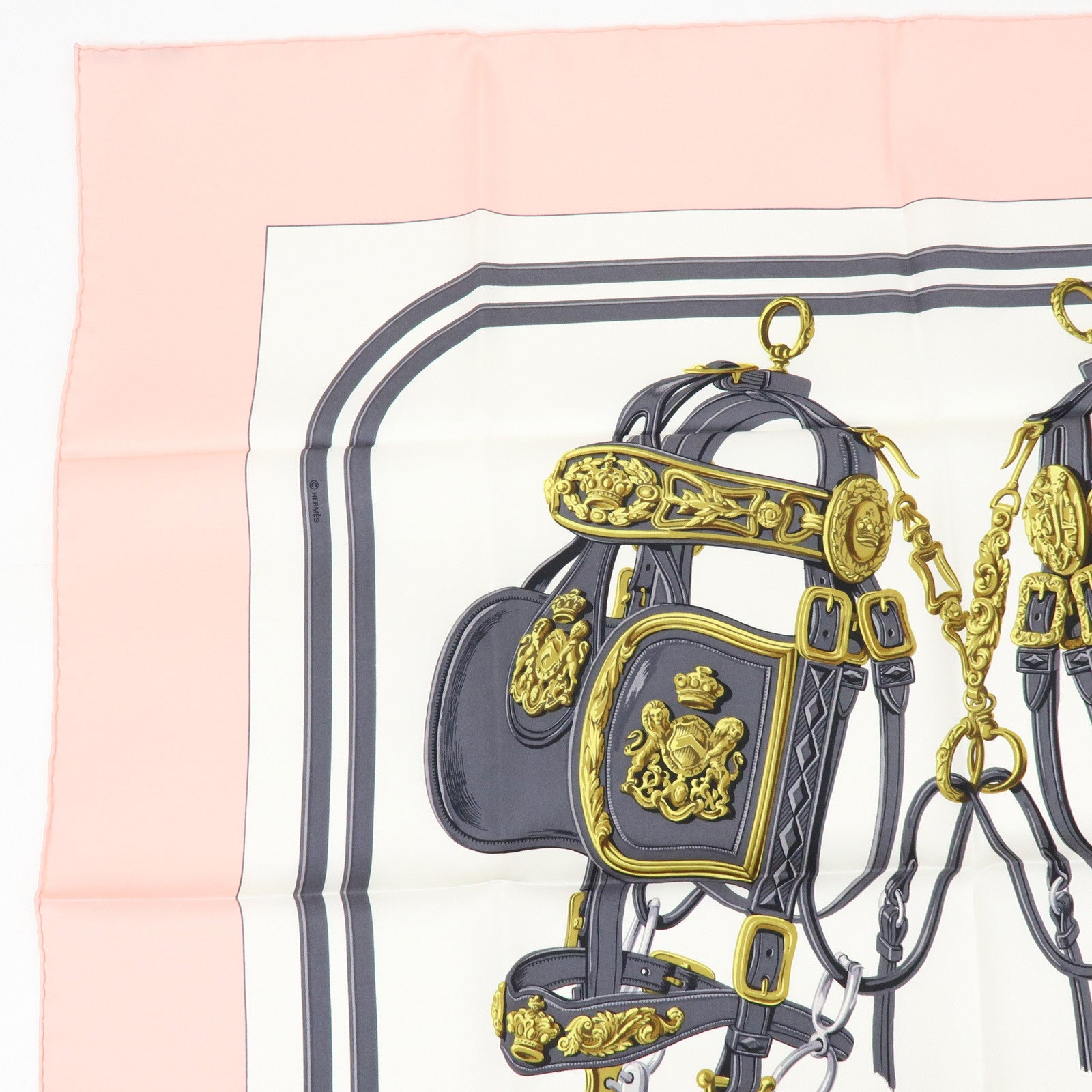 HERMES Carre 90 Silk 100% Scarf BRIDES DE GALA Light Pink Gray Gold