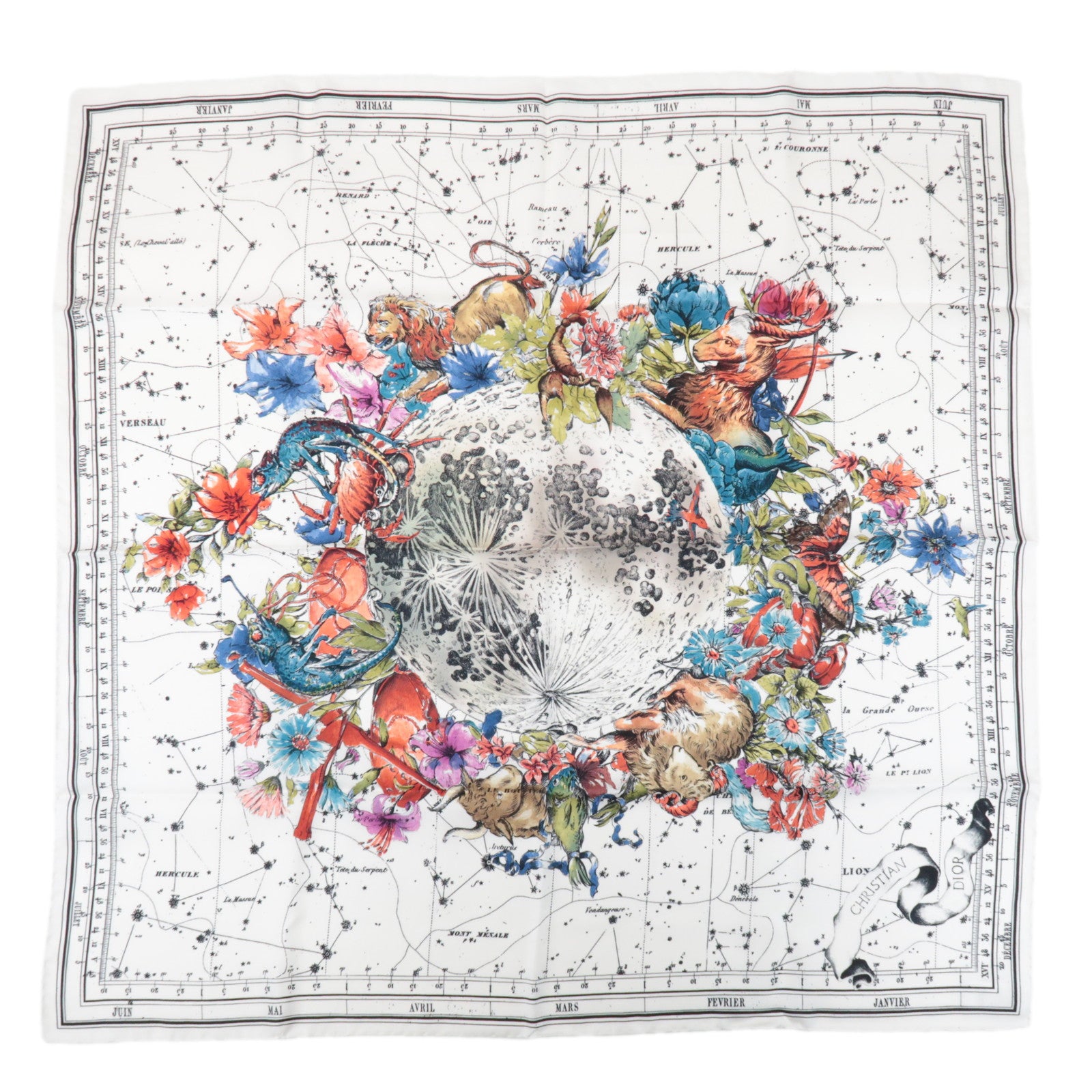 Christian Dior Silk 100% Zodiac 90 Star Constellation Floral Scarf
