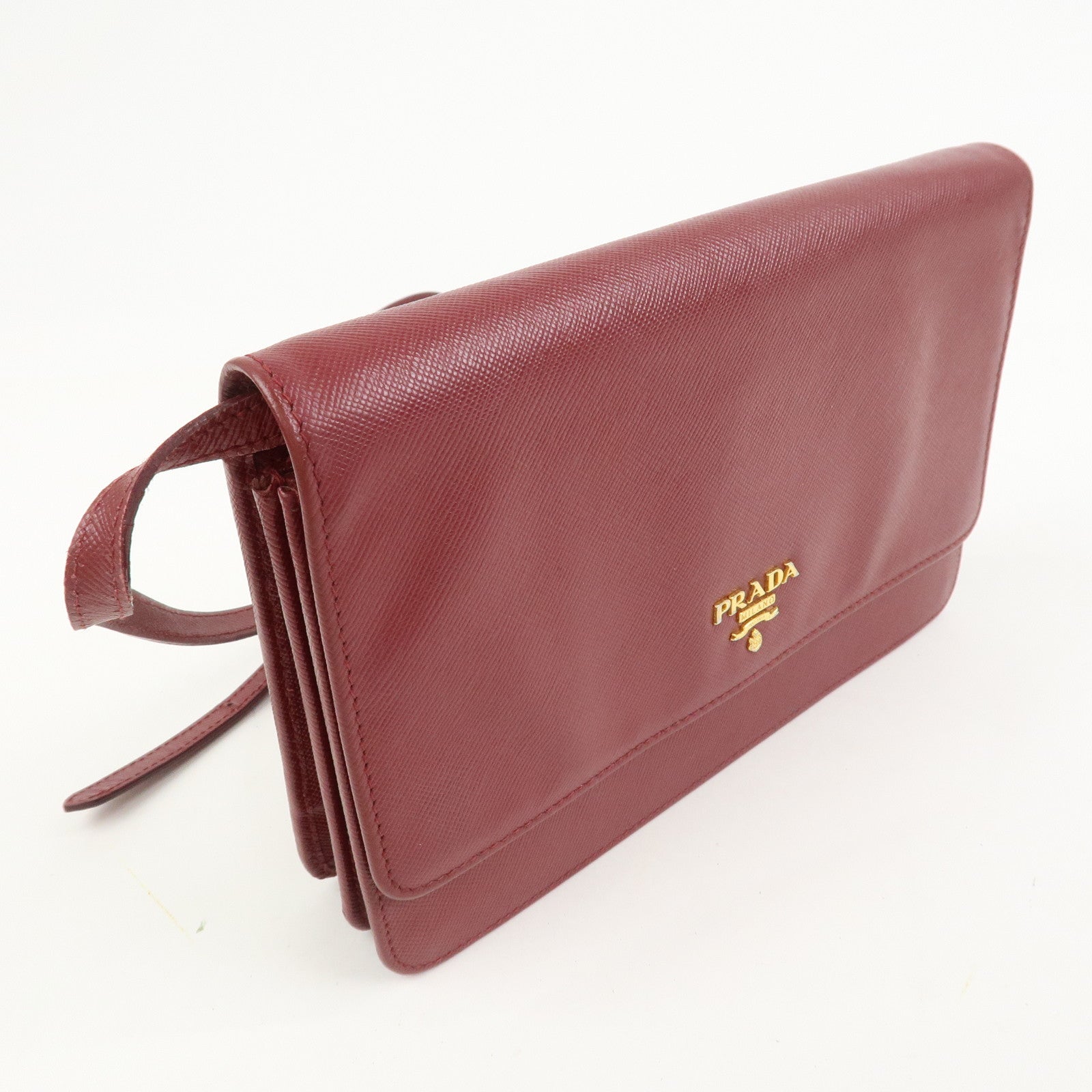 PRADA Saffiano Leather Shoulder Wallet Red Gold BT1019