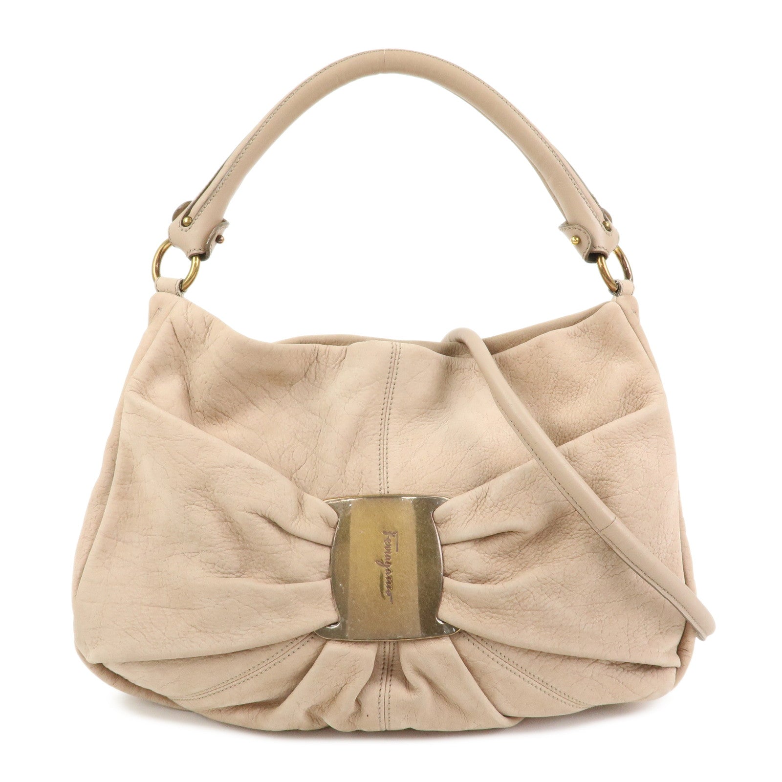 Ferragamo Vara Ribbon Leather 2Way Hand Bag Shoulder Bag Pink Beige