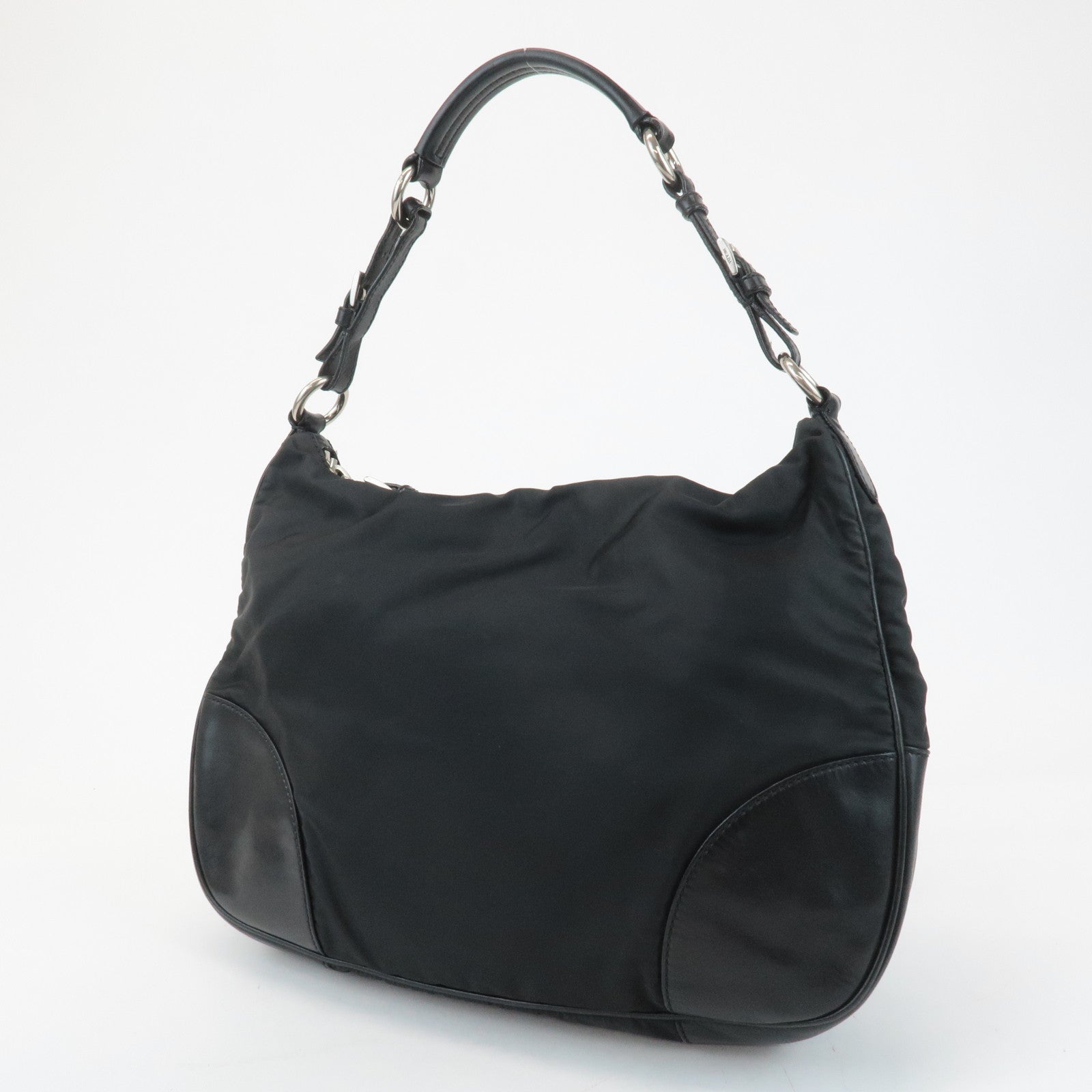 PRADA Triangle Logo Leather Nylon Shoulder Bag Black