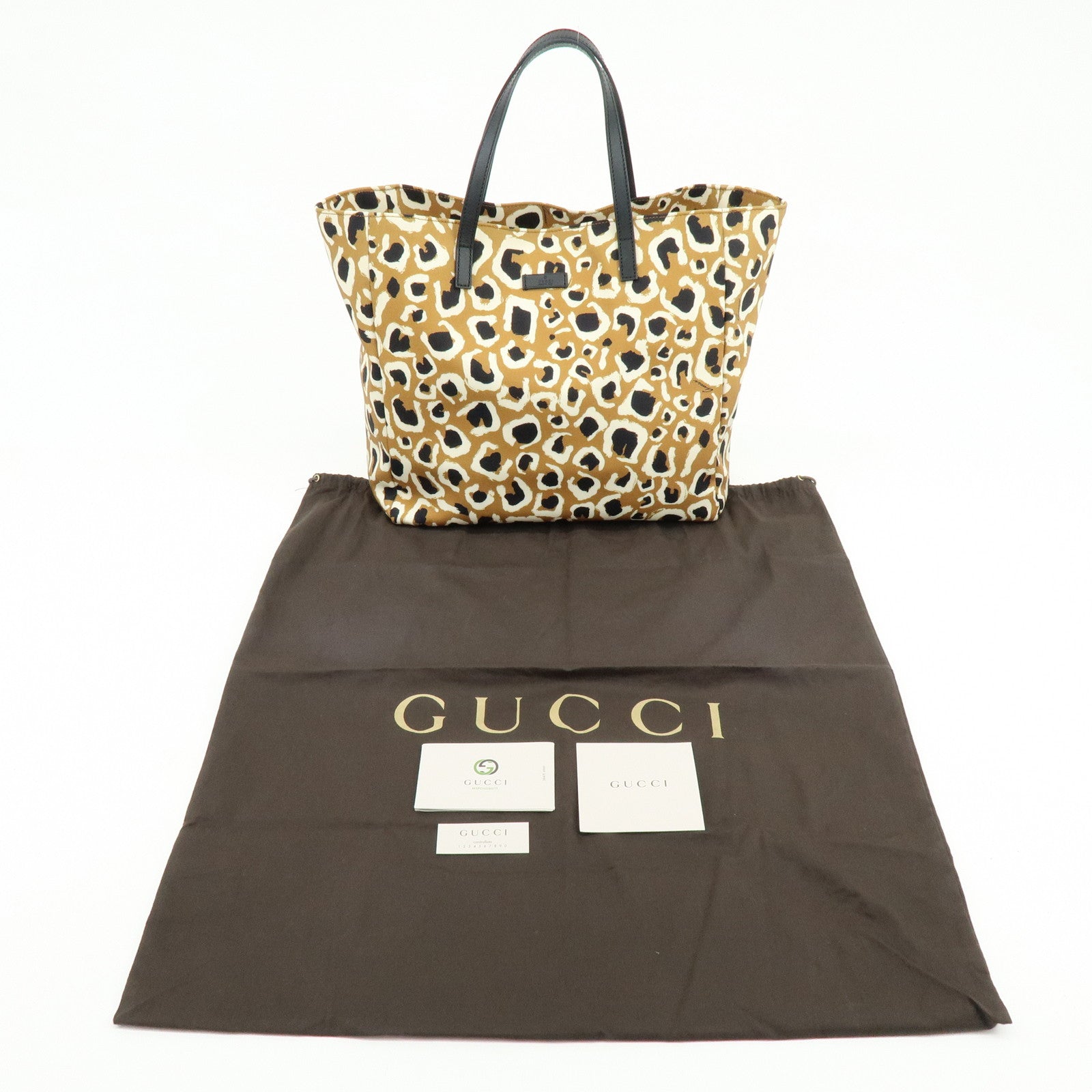 GUCCI Leopard Canvas Leather Tote Bag Hand Bag Beige Black 282439